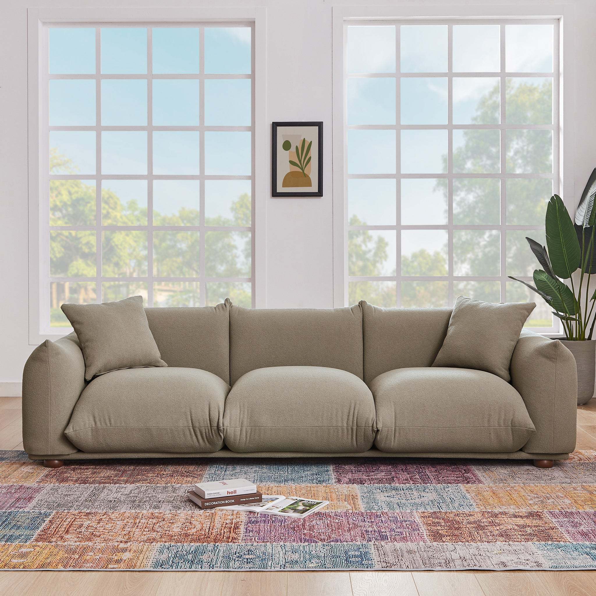 Kely Modern 100'' Mocha Boucle Upholstered Sofa with Solid Wood Legs - Image 2