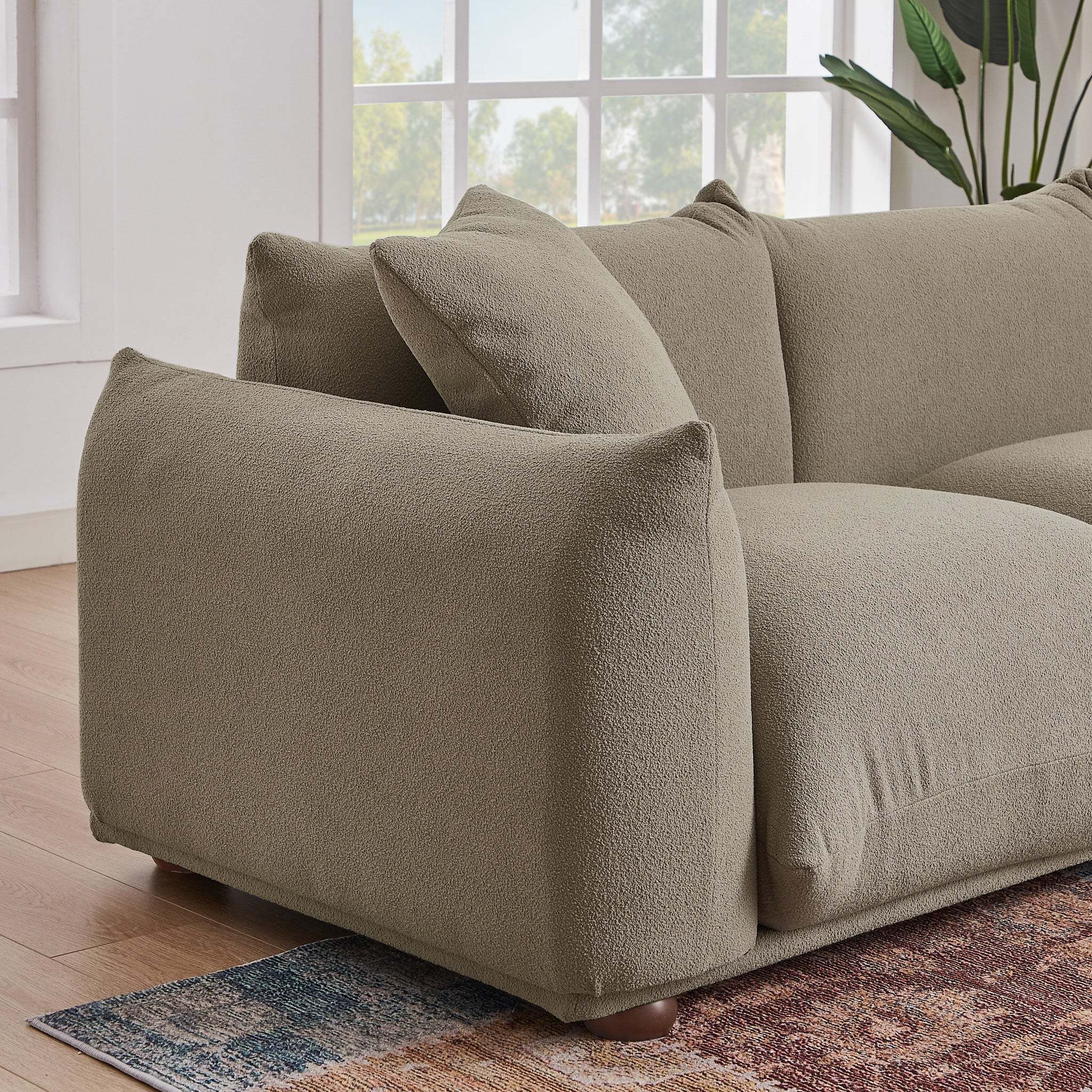 Kely Modern 100'' Mocha Boucle Upholstered Sofa with Solid Wood Legs - Image 9
