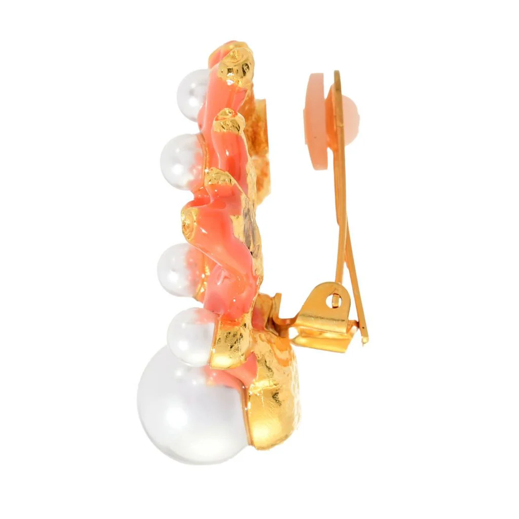 Kenneth Jay Lane 22K Gold Plated Simulated Pearl Coral Reef Clip On Button Earrings - Image 2