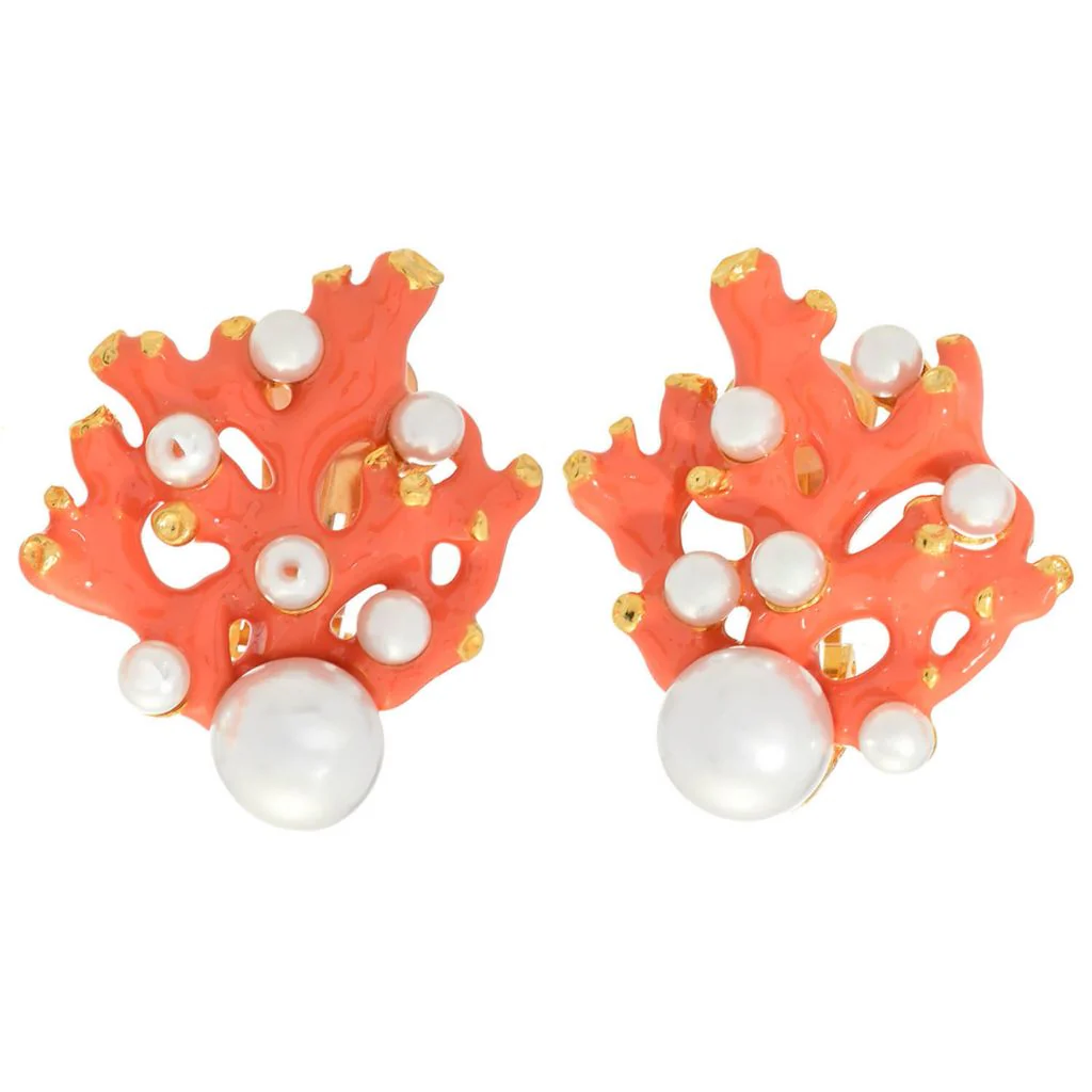 Kenneth Jay Lane 22K Gold Plated Simulated Pearl Coral Reef Clip On Button Earrings - Image 3