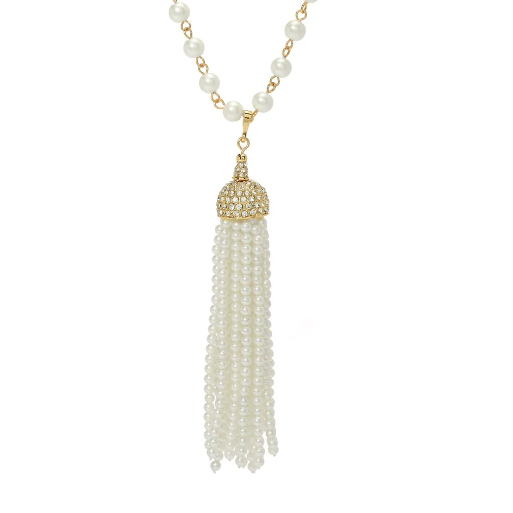 Kenneth Jay Lane Gold Plated Simulated Pearl Tassel 32" Necklace - Image 3