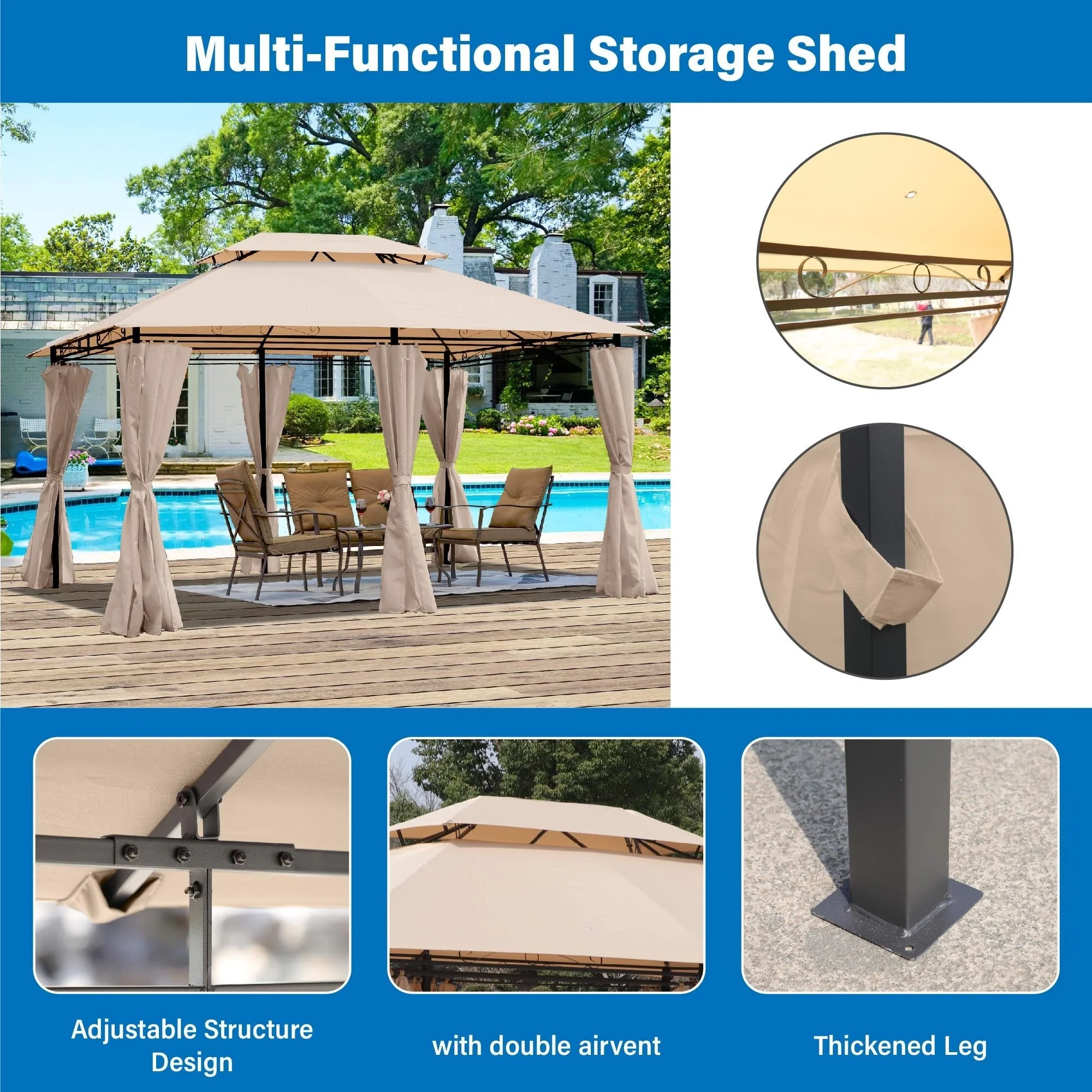 Khaki Outdoor Patio Gazebo Canopy Tent with Ventilated Double Roof and Mosquito Net, 13x10 Ft - Image 18