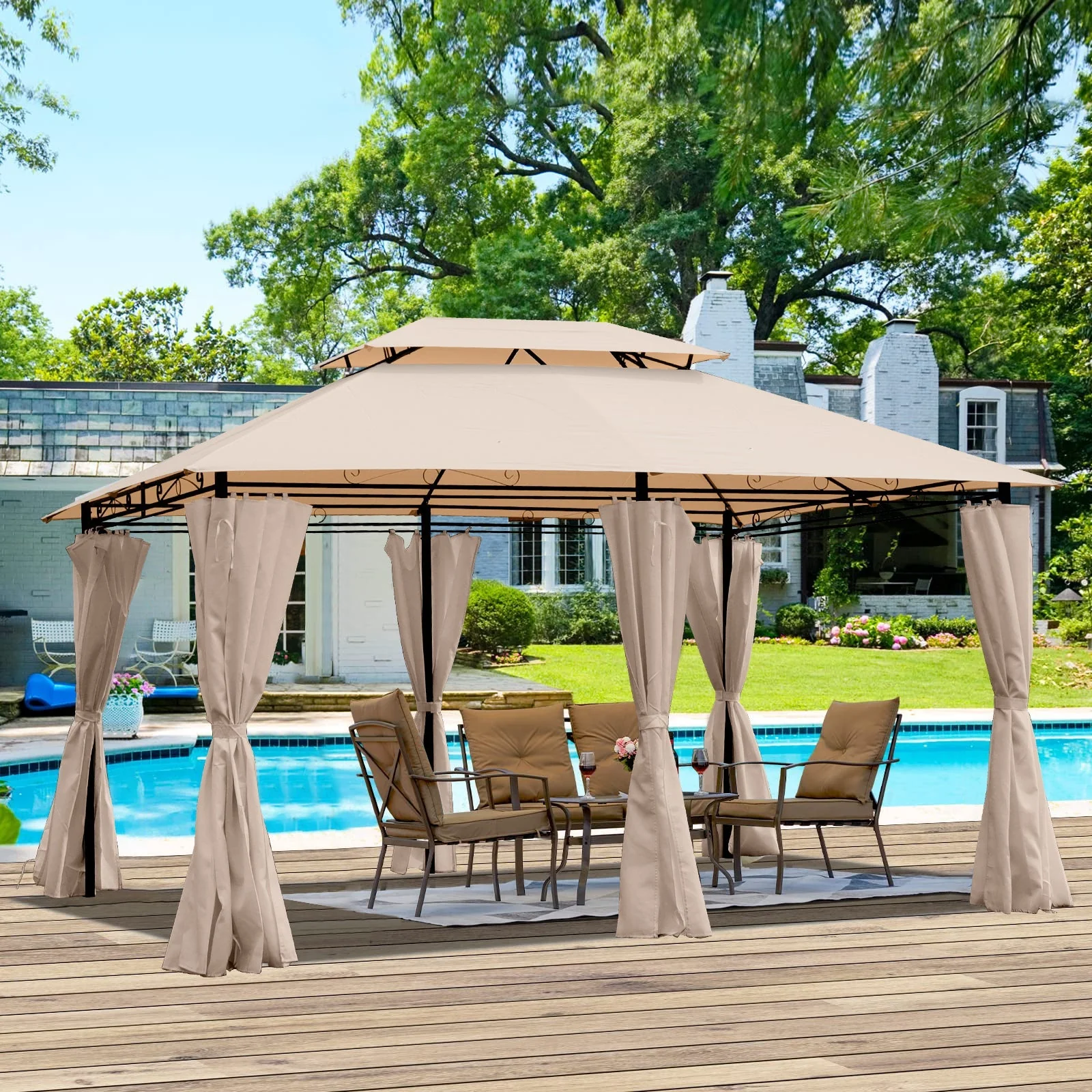 Khaki Outdoor Patio Gazebo Canopy Tent with Ventilated Double Roof and Mosquito Net, 13x10 Ft - Image 2
