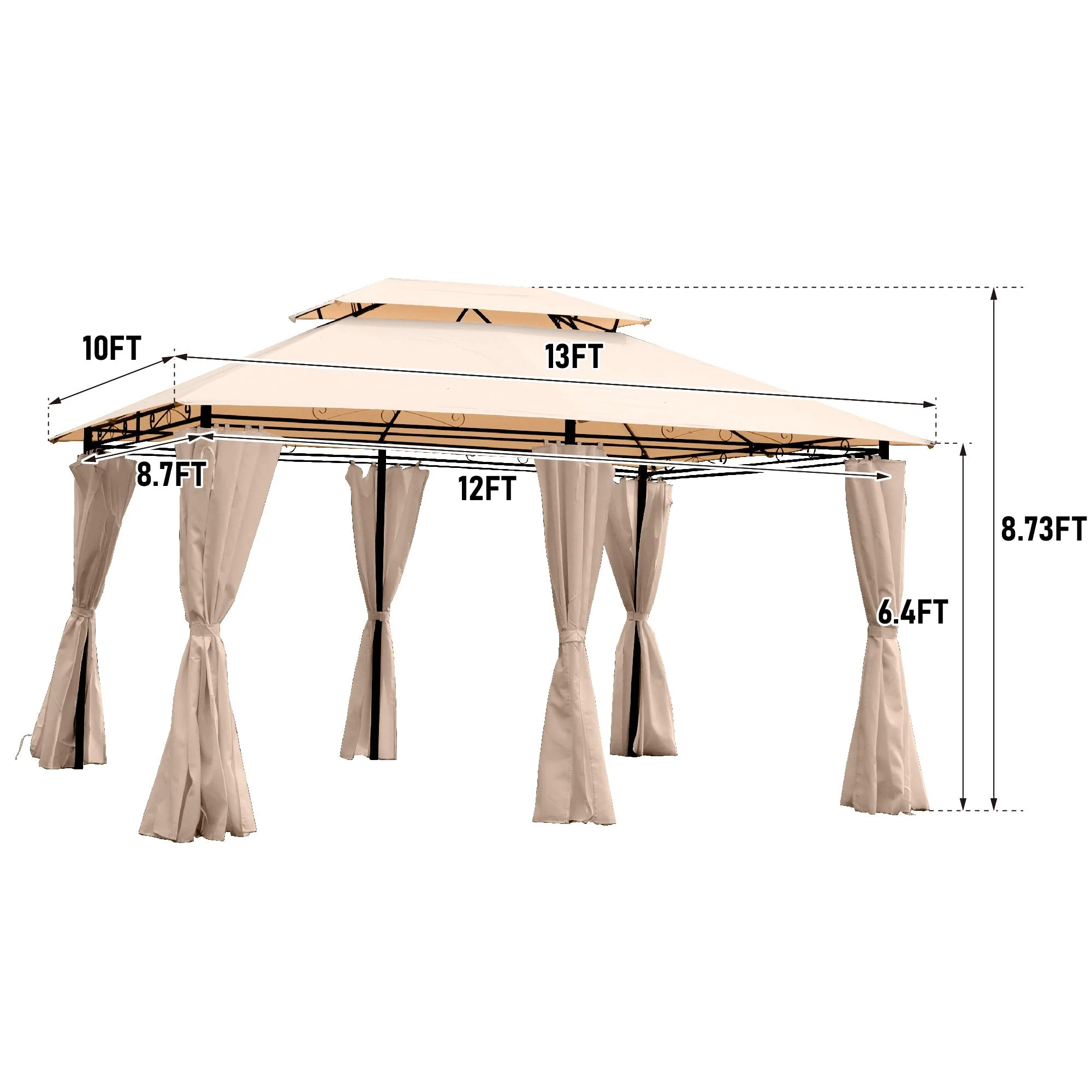Khaki Outdoor Patio Gazebo Canopy Tent with Ventilated Double Roof and Mosquito Net, 13x10 Ft - Image 3