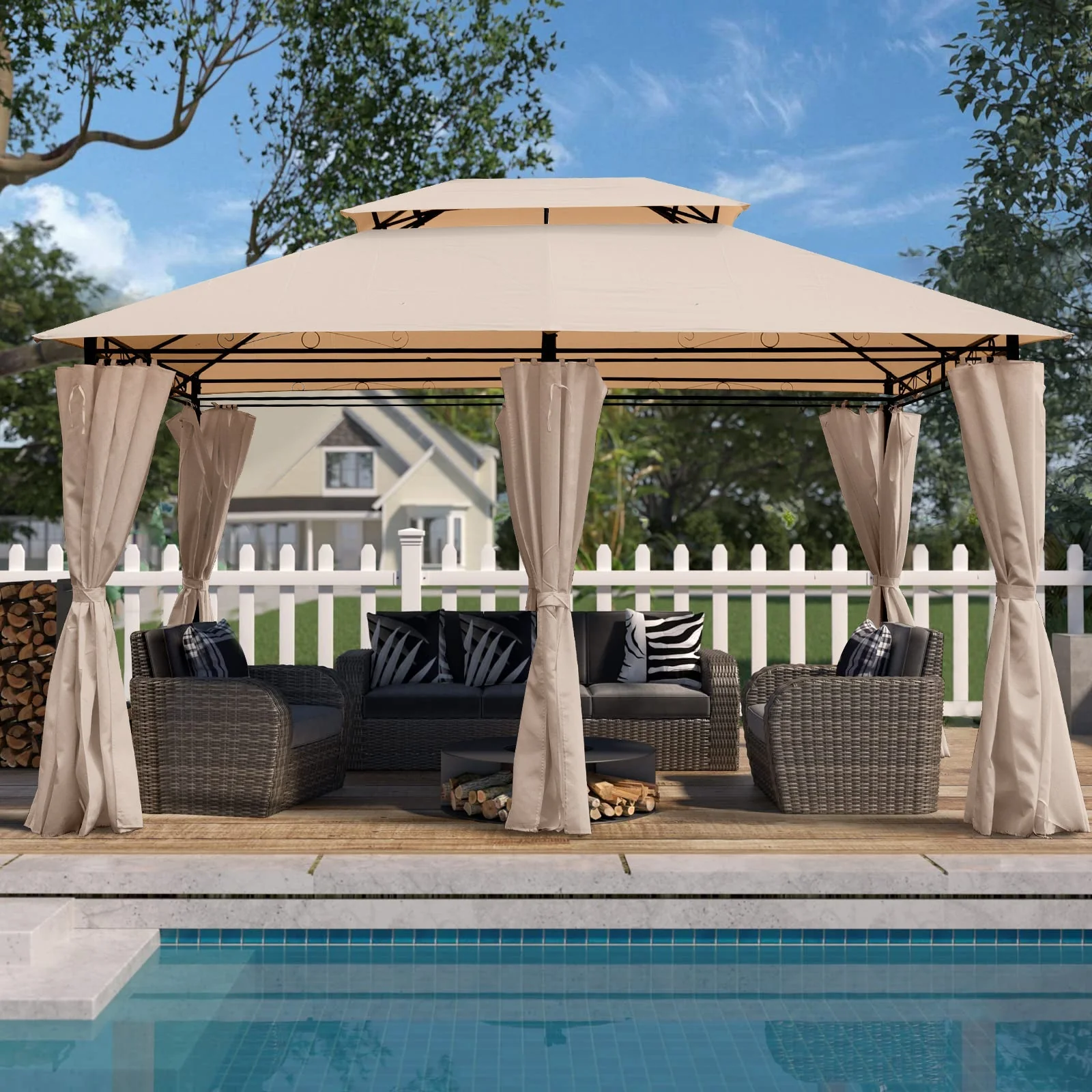 Khaki Outdoor Patio Gazebo Canopy Tent with Ventilated Double Roof and Mosquito Net, 13x10 Ft - Image 4