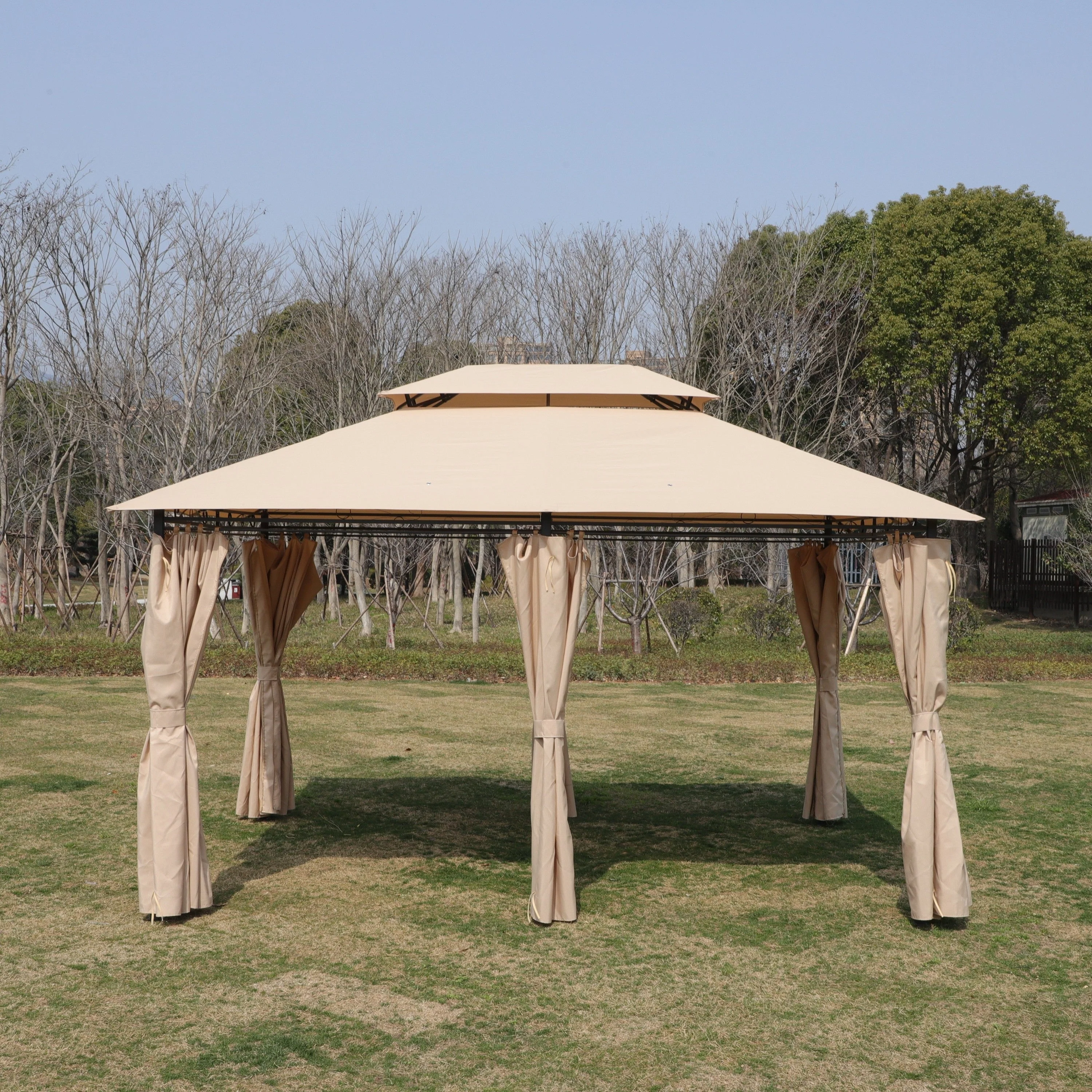 Khaki Outdoor Patio Gazebo Canopy Tent with Ventilated Double Roof and Mosquito Net, 13x10 Ft - Image 5