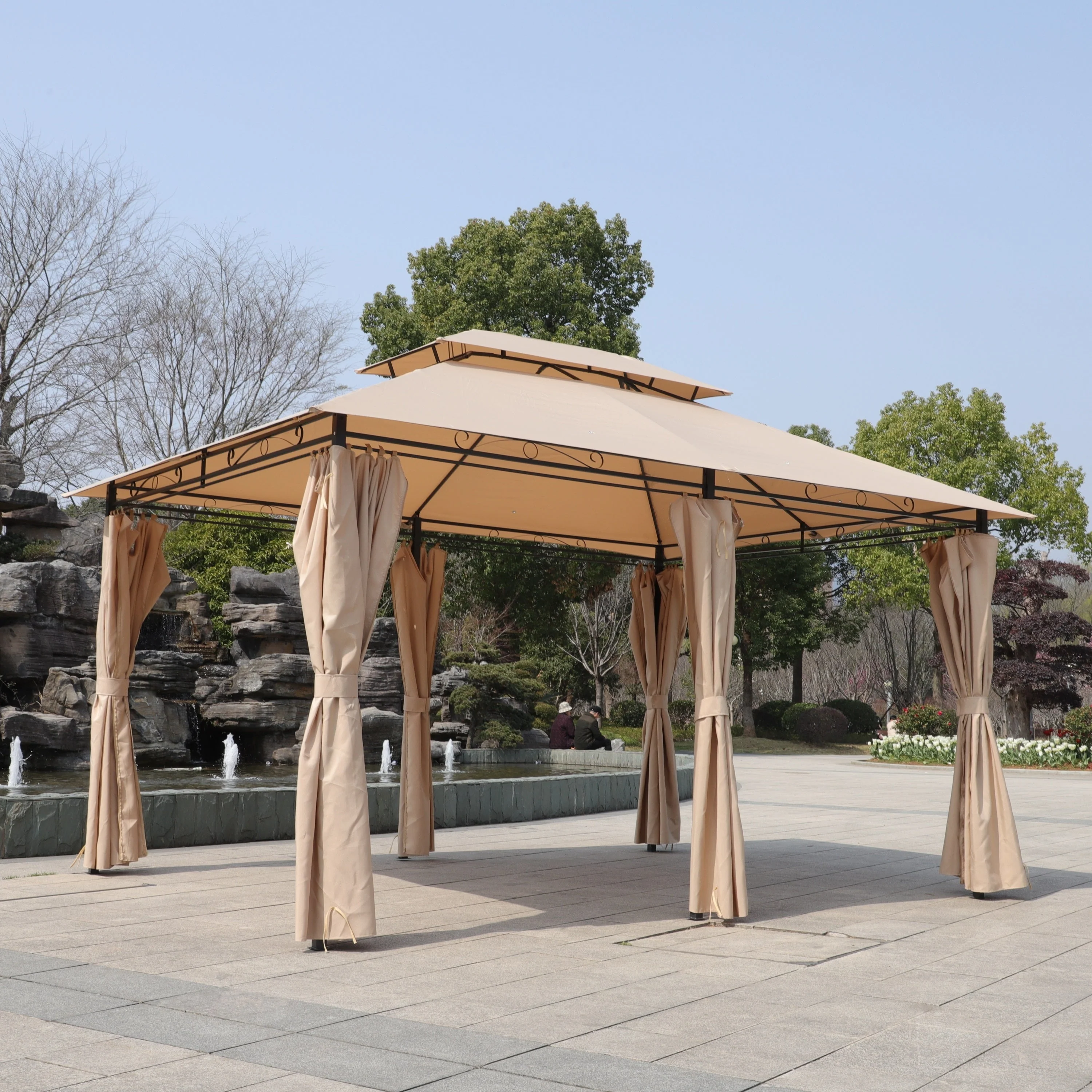 Khaki Outdoor Patio Gazebo Canopy Tent with Ventilated Double Roof and Mosquito Net, 13x10 Ft - Image 6