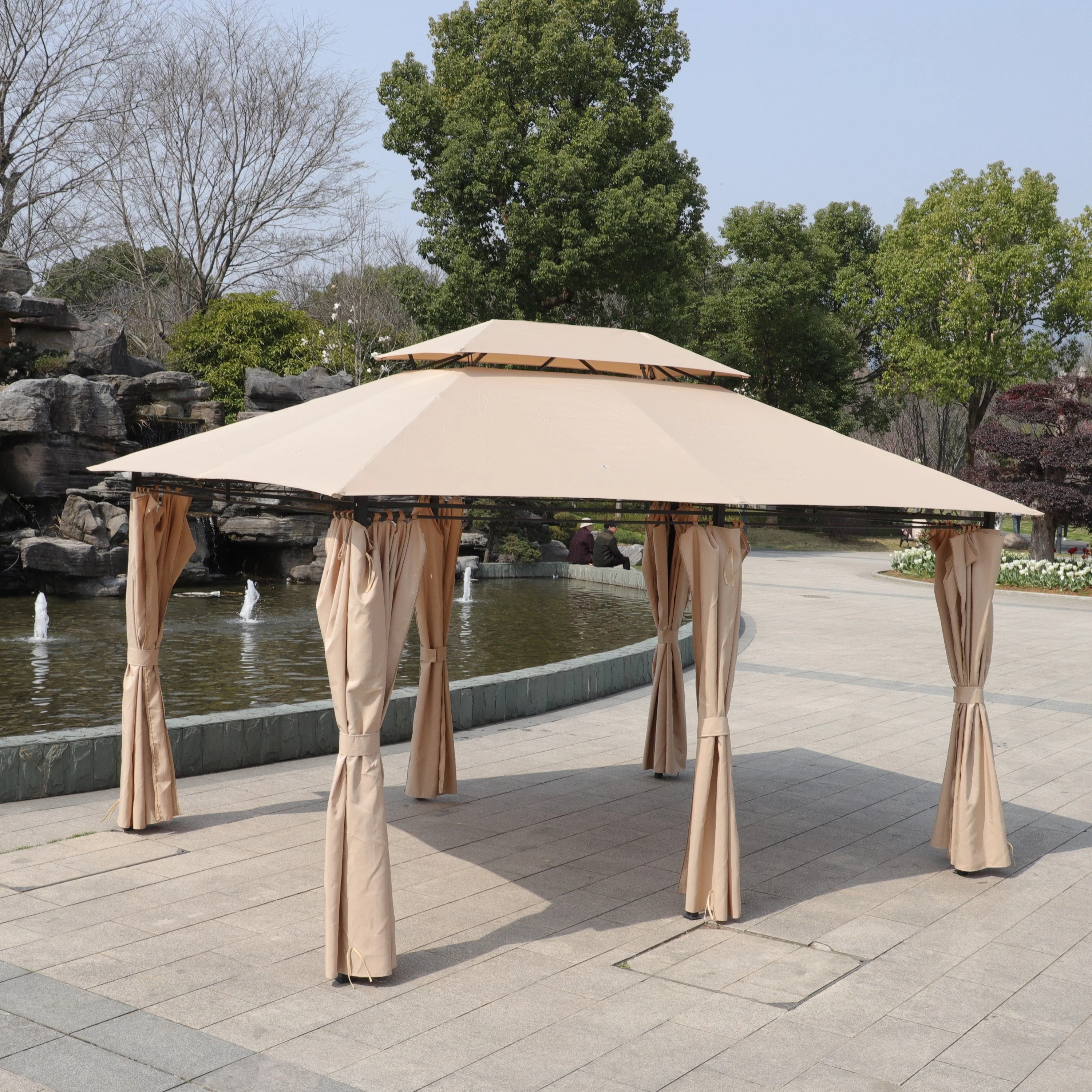Khaki Outdoor Patio Gazebo Canopy Tent with Ventilated Double Roof and Mosquito Net, 13x10 Ft - Image 7