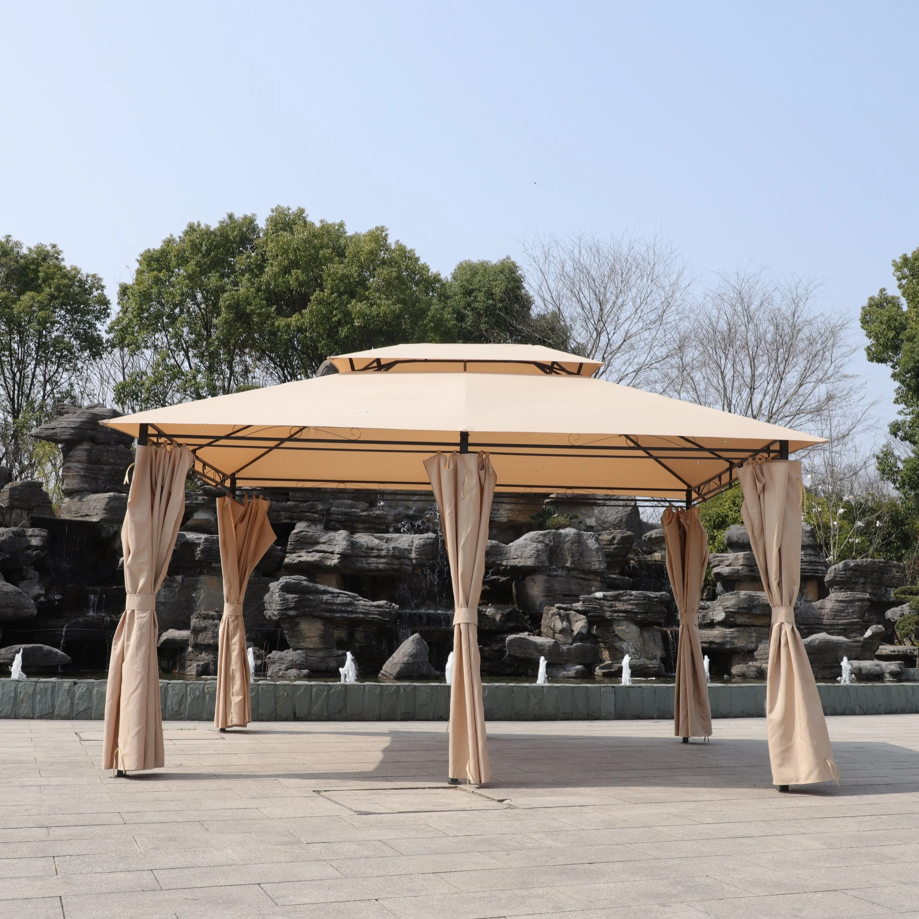 Khaki Outdoor Patio Gazebo Canopy Tent with Ventilated Double Roof and Mosquito Net, 13x10 Ft - Image 8