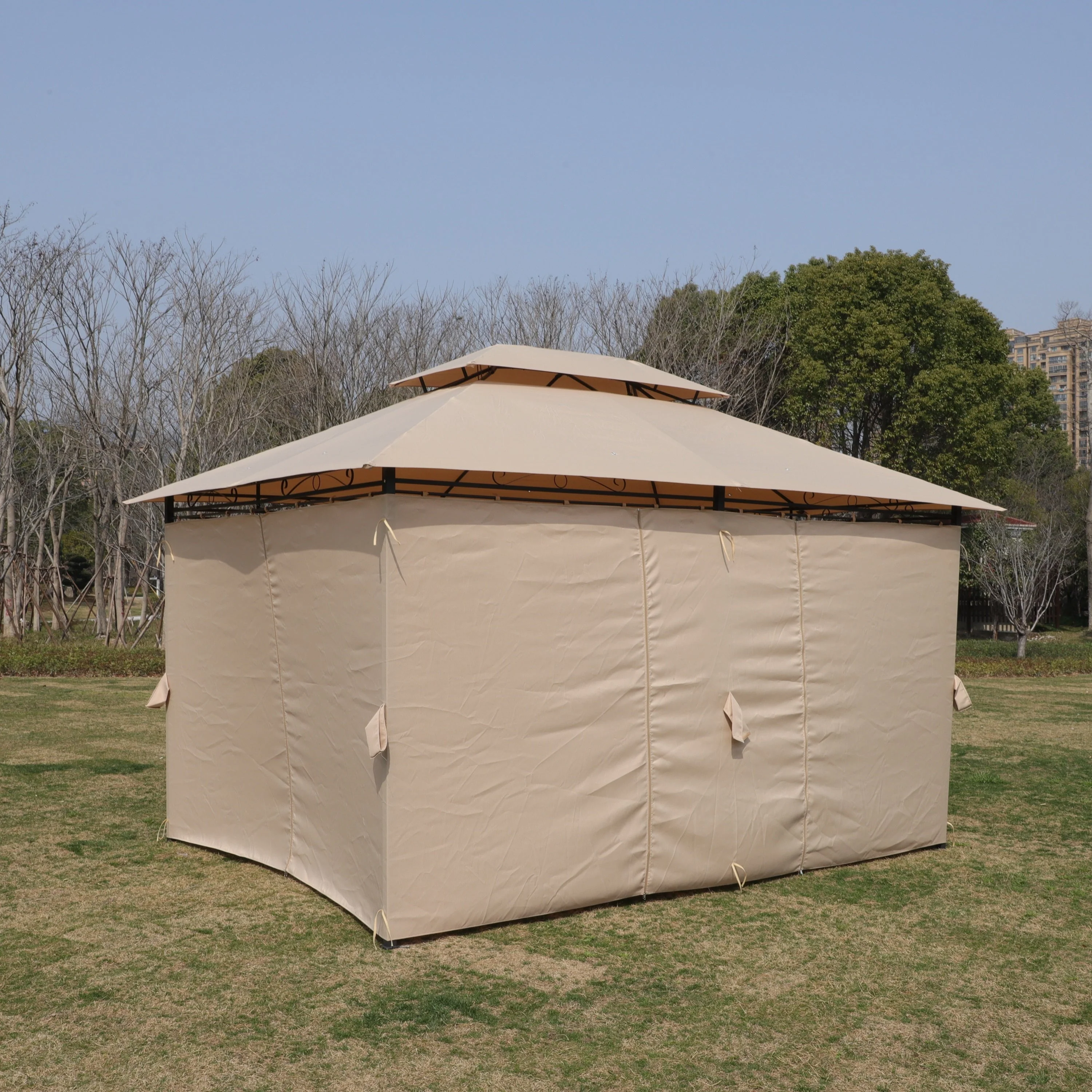 Khaki Outdoor Patio Gazebo Canopy Tent with Ventilated Double Roof and Mosquito Net, 13x10 Ft - Image 9
