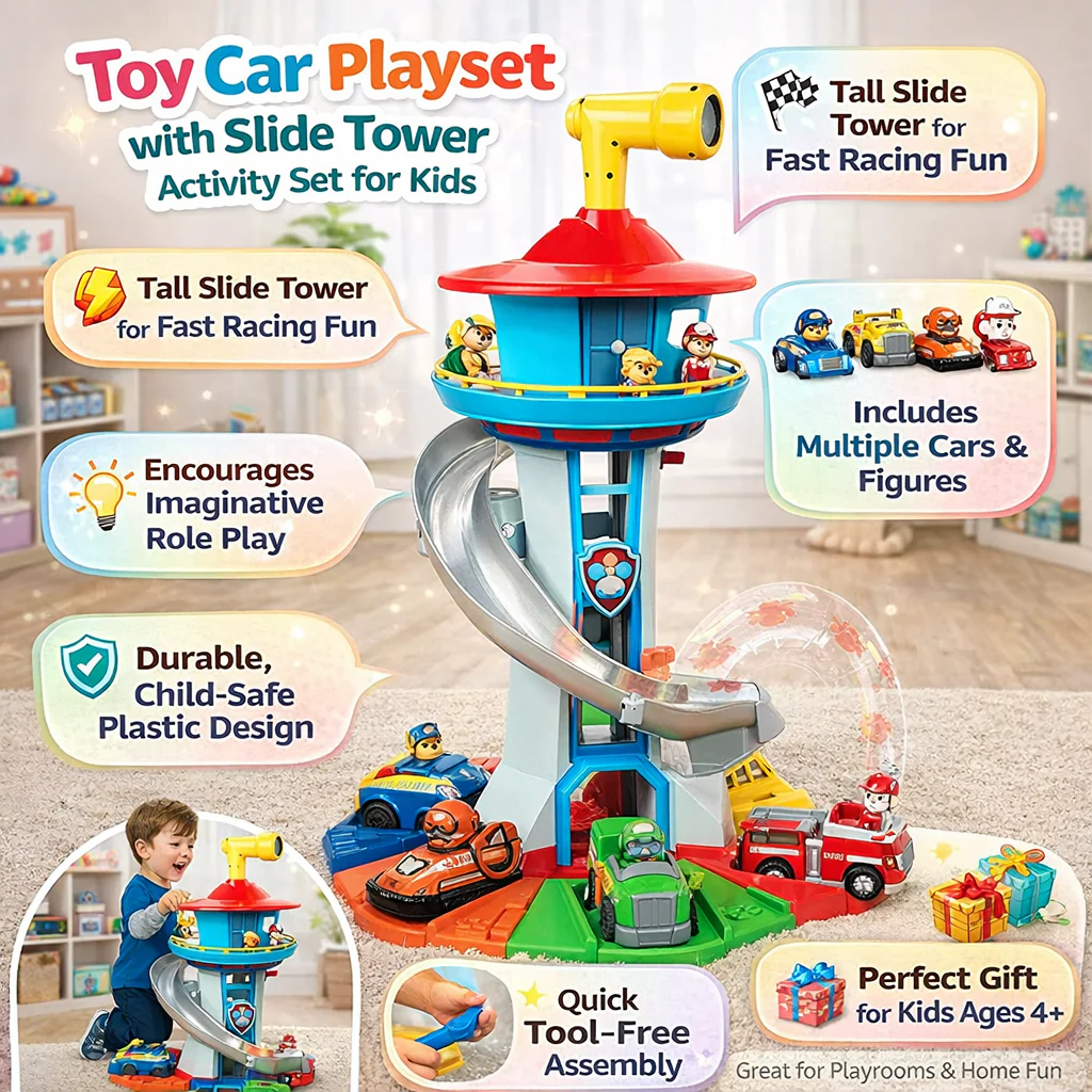 Kids Car Ramp Toy Set with Slide Tower & Race Track Playset - Image 4
