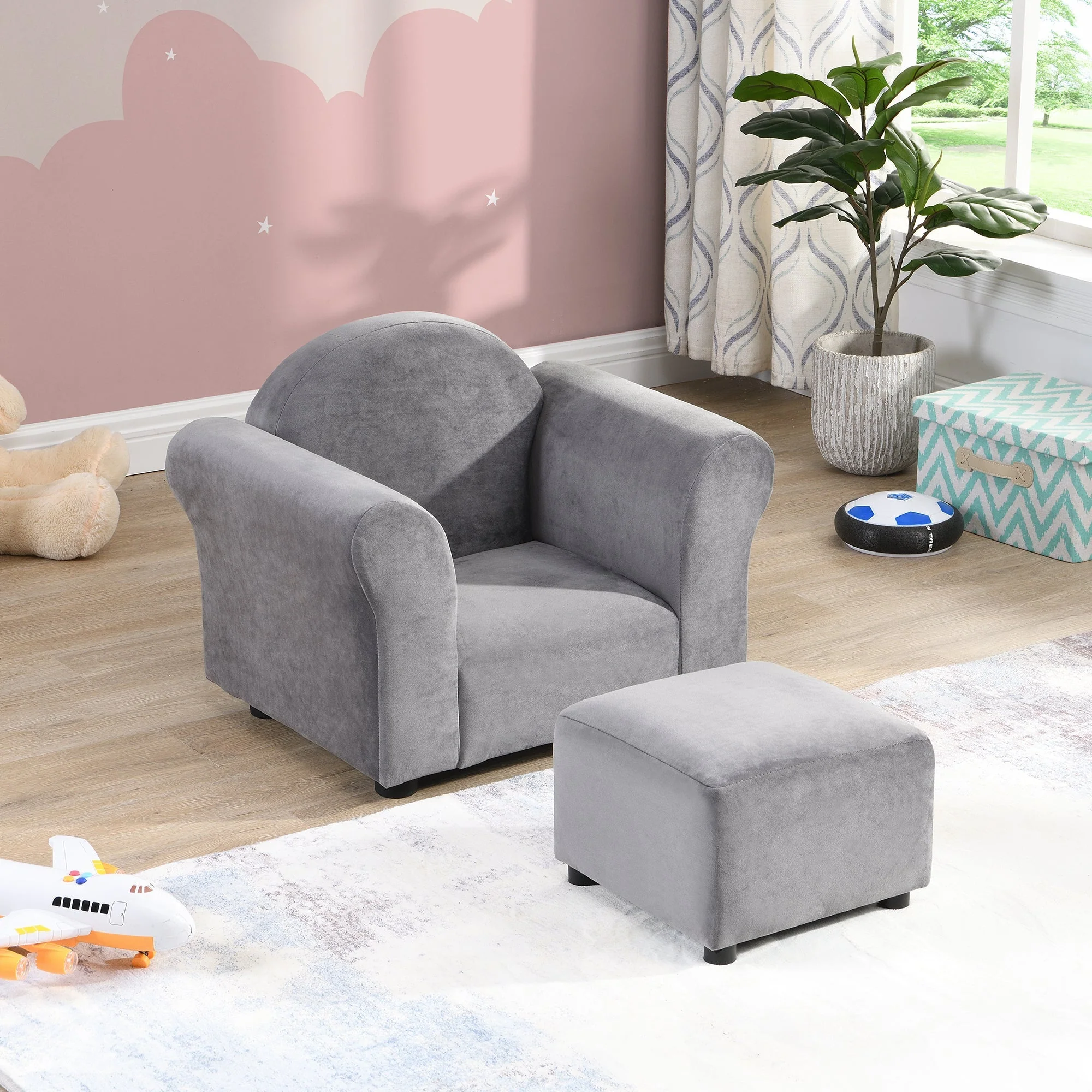 Kids Gray Velvet Upholstered Chair with Ottoman - Image 2