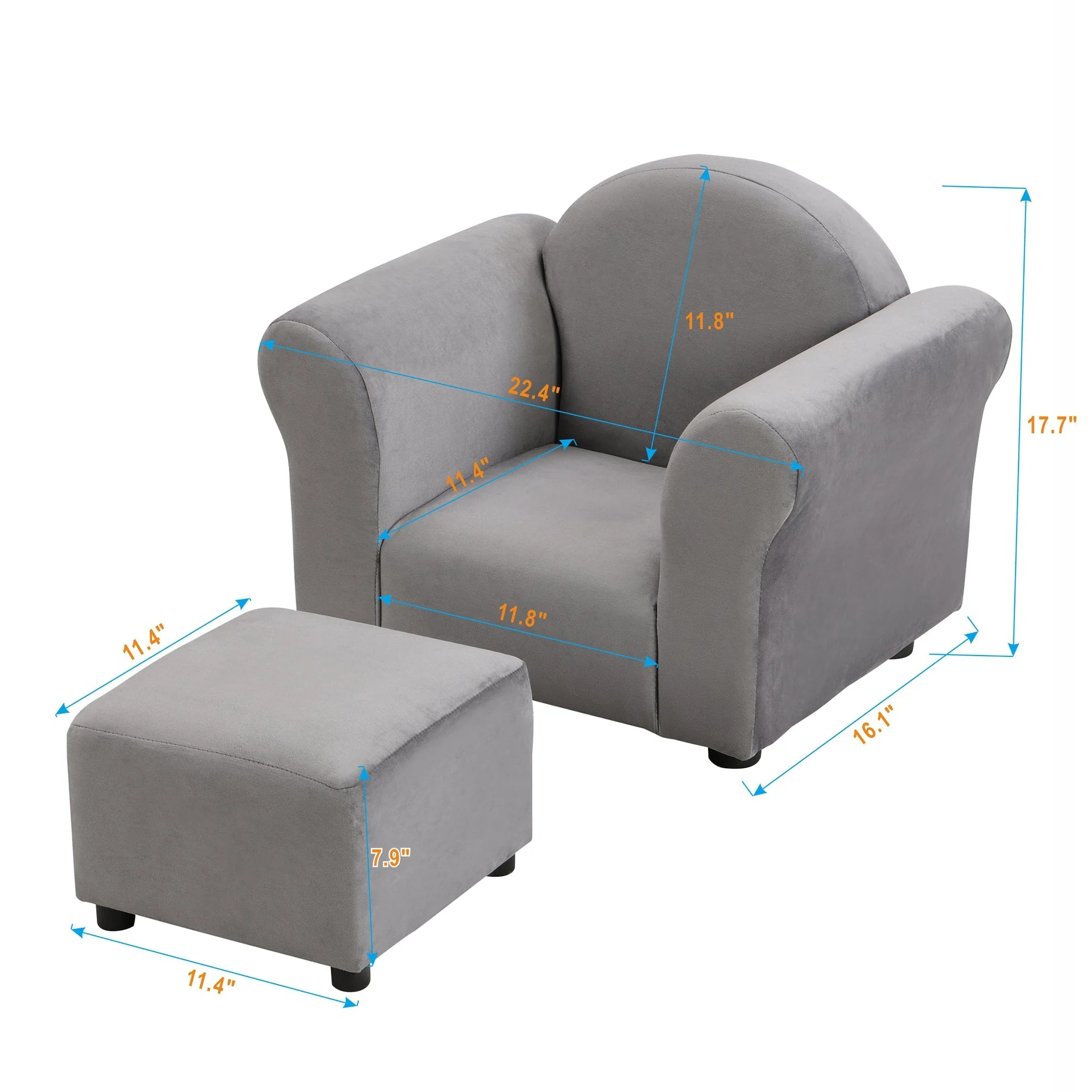 Kids Gray Velvet Upholstered Chair with Ottoman - Image 3