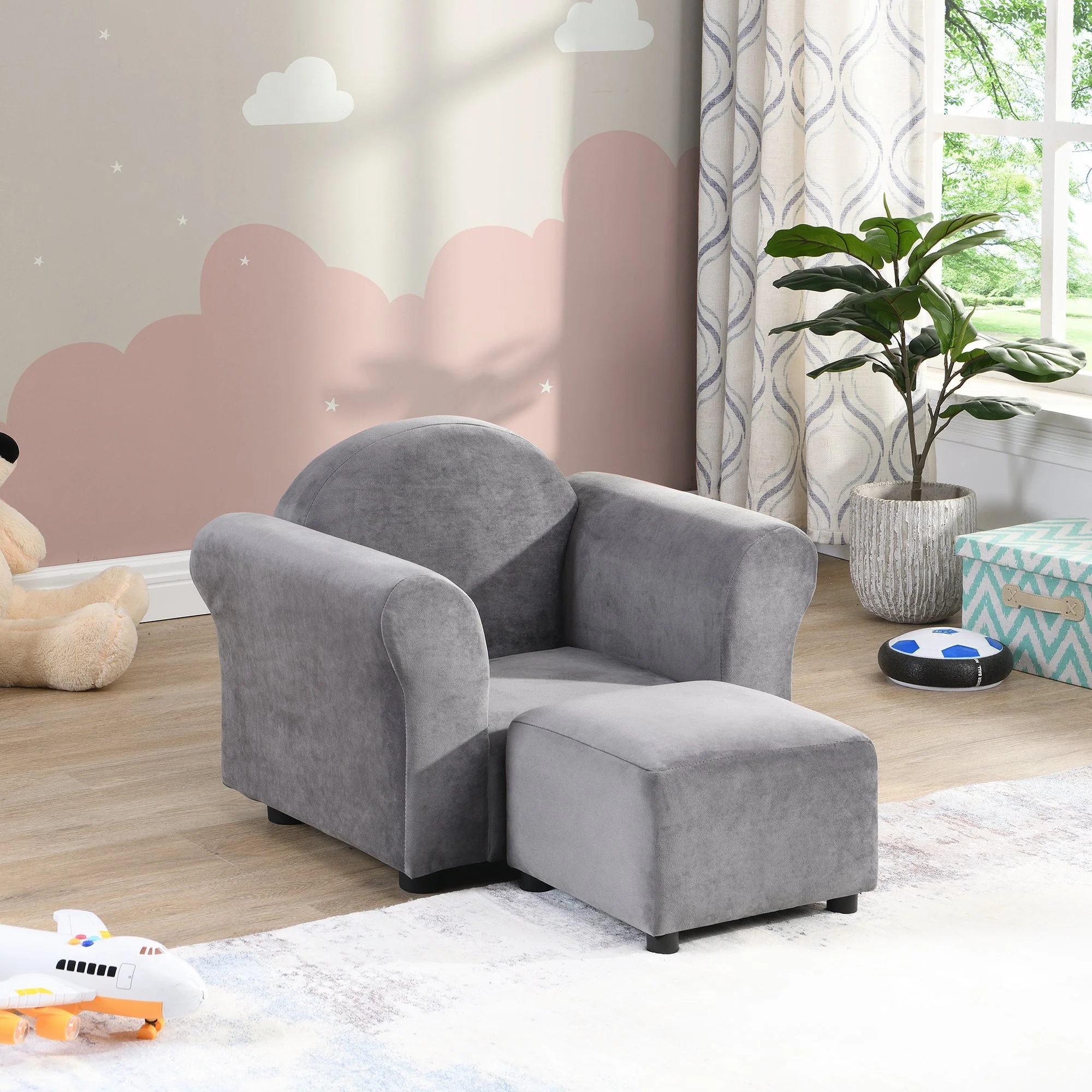 Kids Gray Velvet Upholstered Chair with Ottoman - Image 4