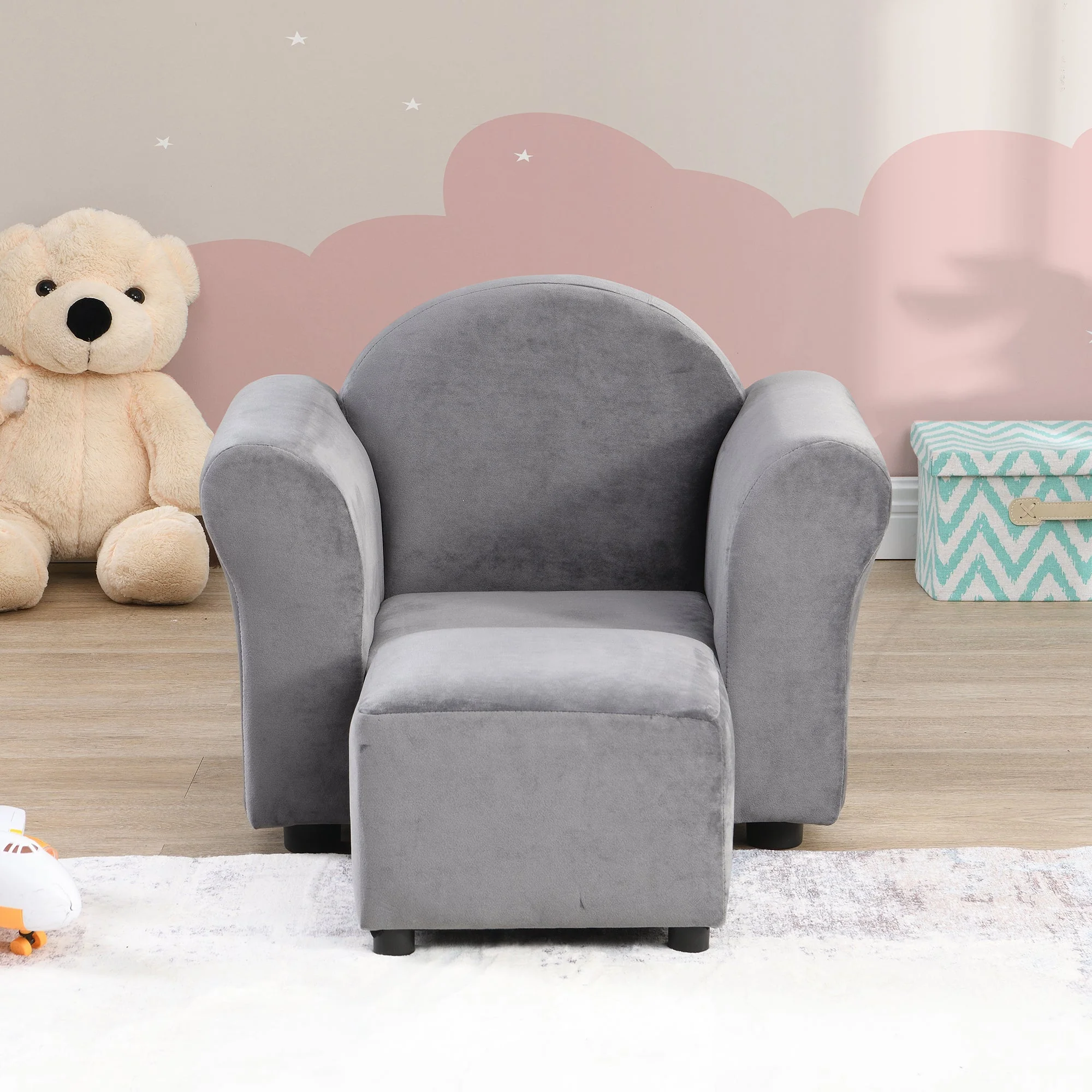 Kids Gray Velvet Upholstered Chair with Ottoman - Image 5