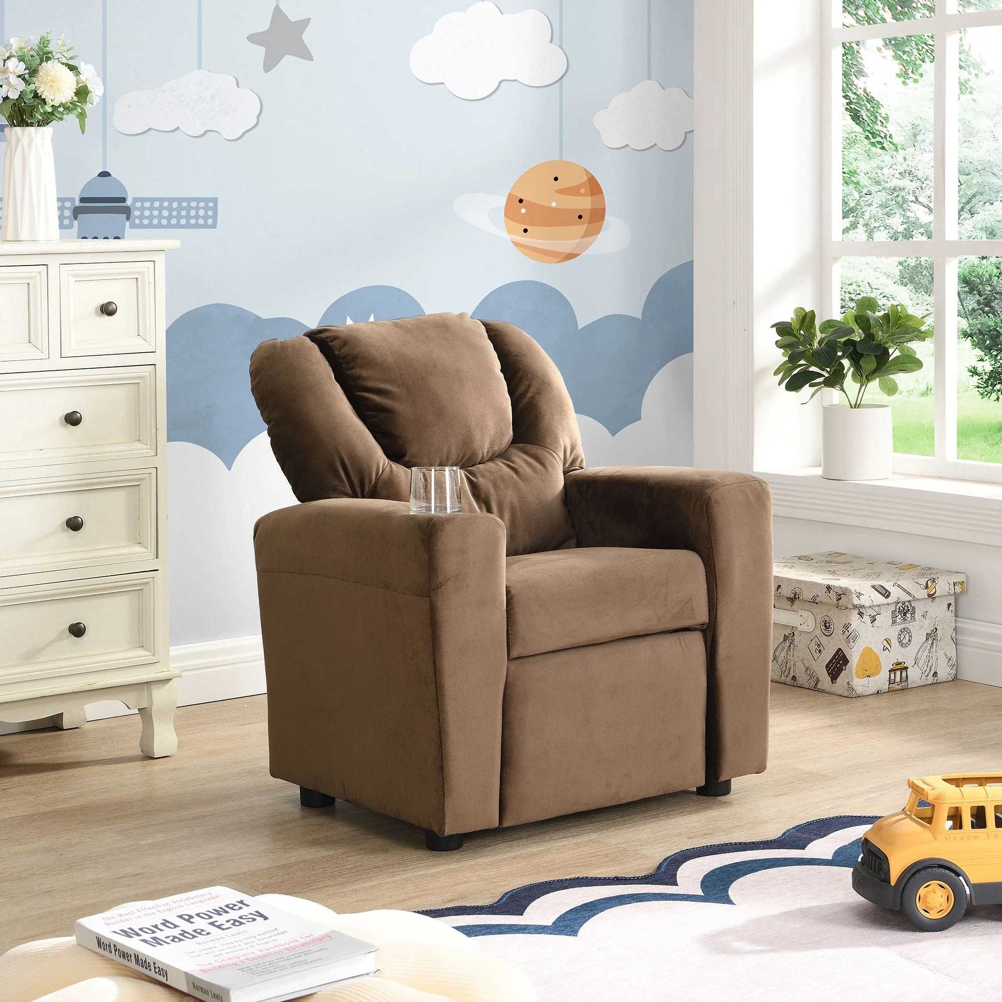 Kids Recliner Chair, Kids Upholstered Couch With One Cup Holder, Toddlers Recliner With Headrest And Footrest - Brown - Image 2