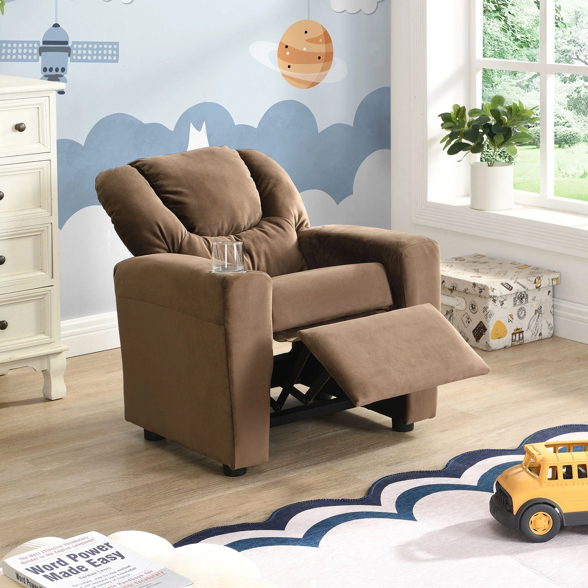 Kids Recliner Chair, Kids Upholstered Couch With One Cup Holder, Toddlers Recliner With Headrest And Footrest - Brown - Image 3