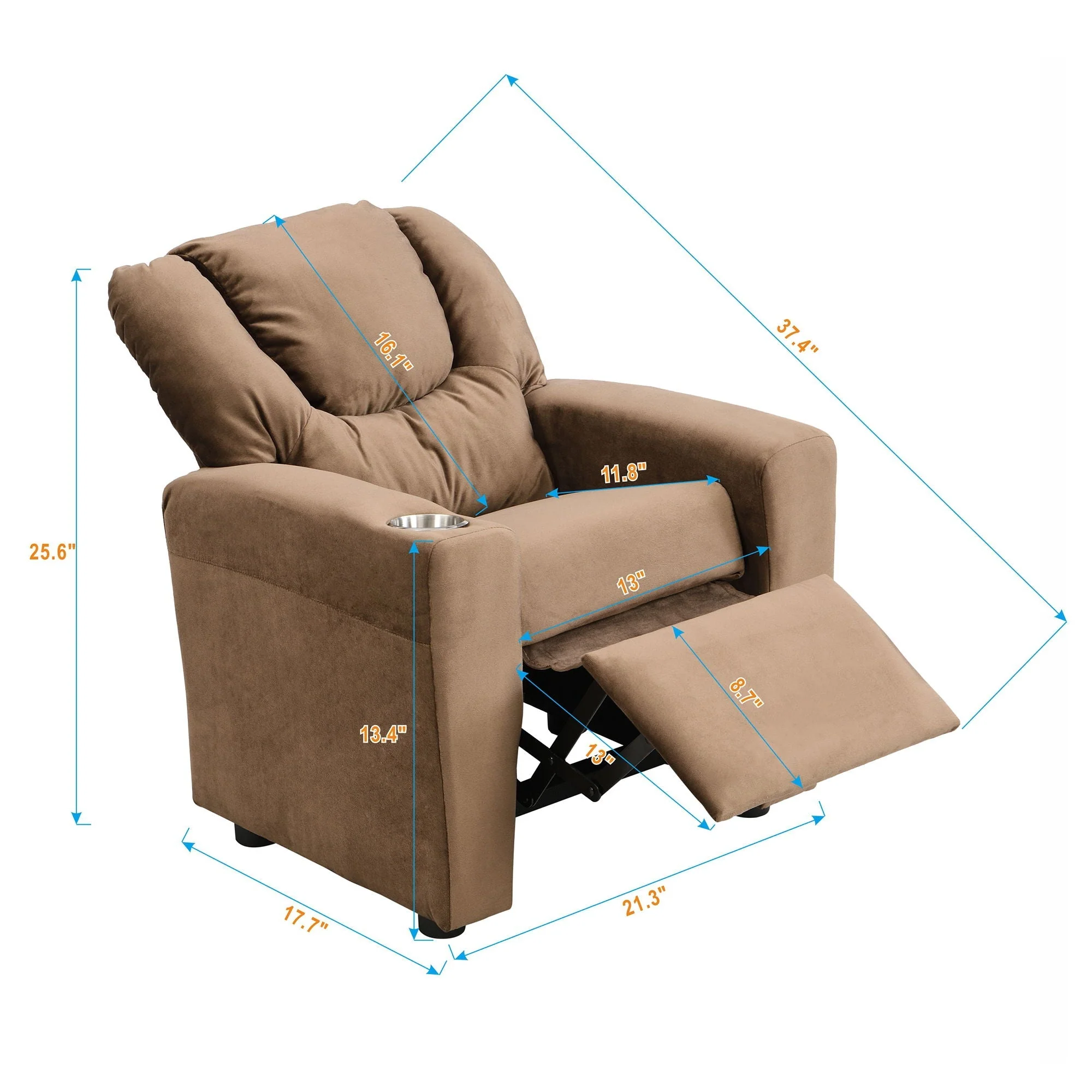 Kids Recliner Chair, Kids Upholstered Couch With One Cup Holder, Toddlers Recliner With Headrest And Footrest - Brown - Image 4