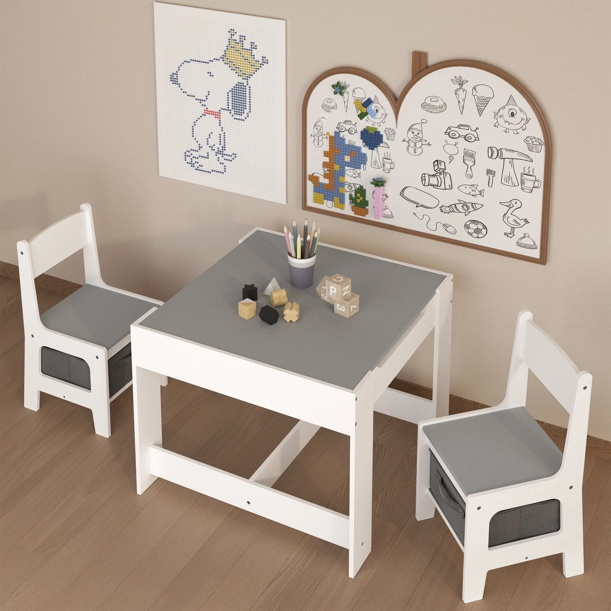 Kids Table And Chair Set, 3 In 1 Activity Table With Storage Drawer For Toddlers Drawing, Reading, Crafts, 2 In 1 Detachable Top - White - Image 2