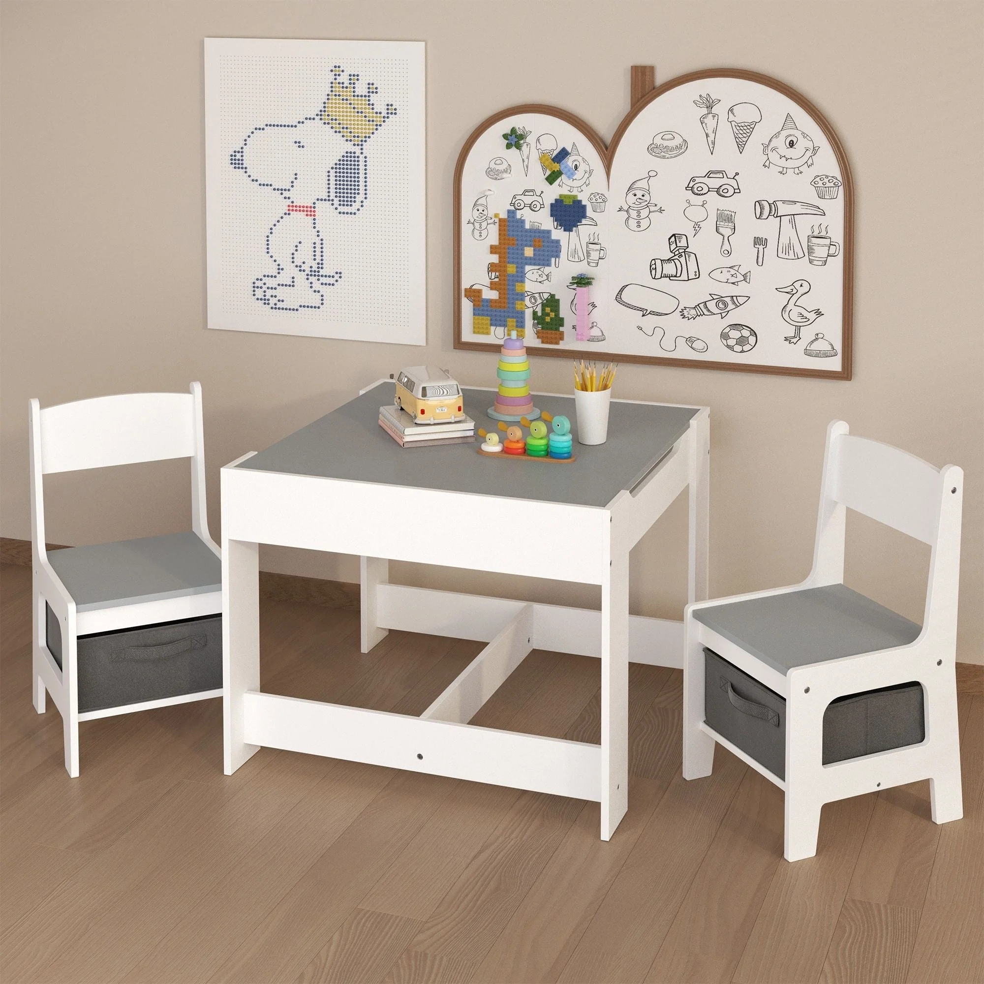Kids Table And Chair Set, 3 In 1 Activity Table With Storage Drawer For Toddlers Drawing, Reading, Crafts, 2 In 1 Detachable Top - White - Image 4