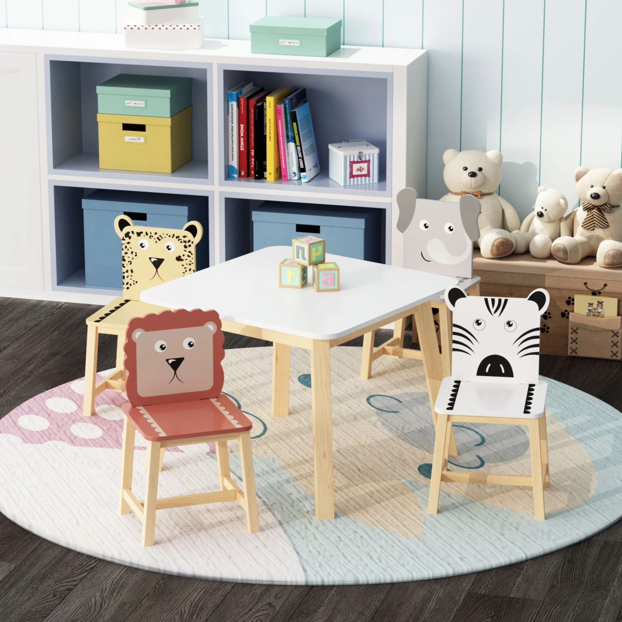 Kids Table And Chair Set With Cartoon Animals Design - White - Image 4