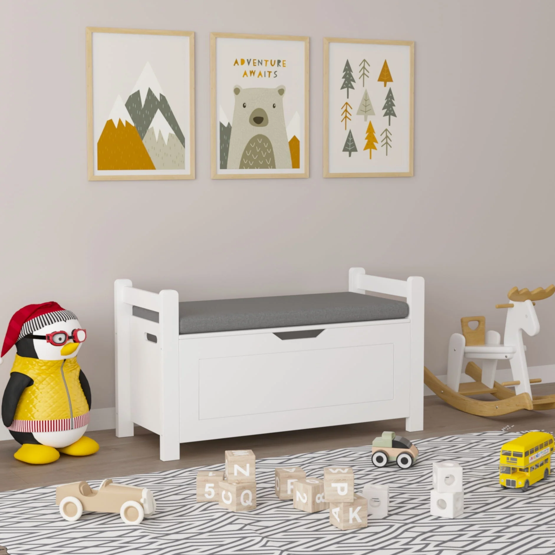 Kids Toy Box Chest Storage Cabinet With Cushion Seat Bench Flip Top Lid Safety Hinge - White - Image 2