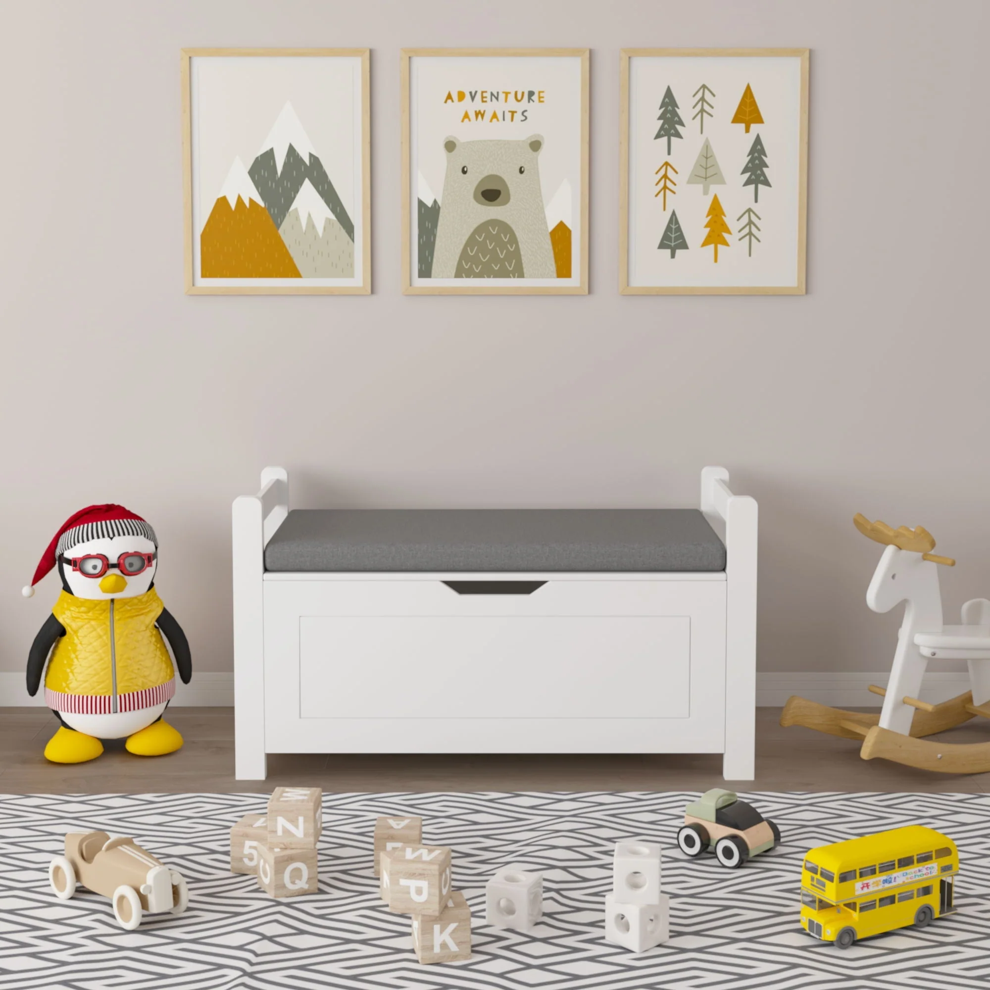 Kids Toy Box Chest Storage Cabinet With Cushion Seat Bench Flip Top Lid Safety Hinge - White - Image 3