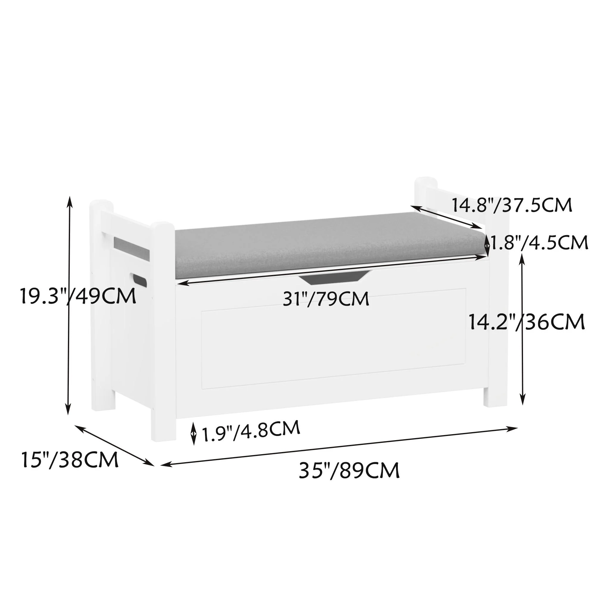 Kids Toy Box Chest Storage Cabinet With Cushion Seat Bench Flip Top Lid Safety Hinge - White - Image 4