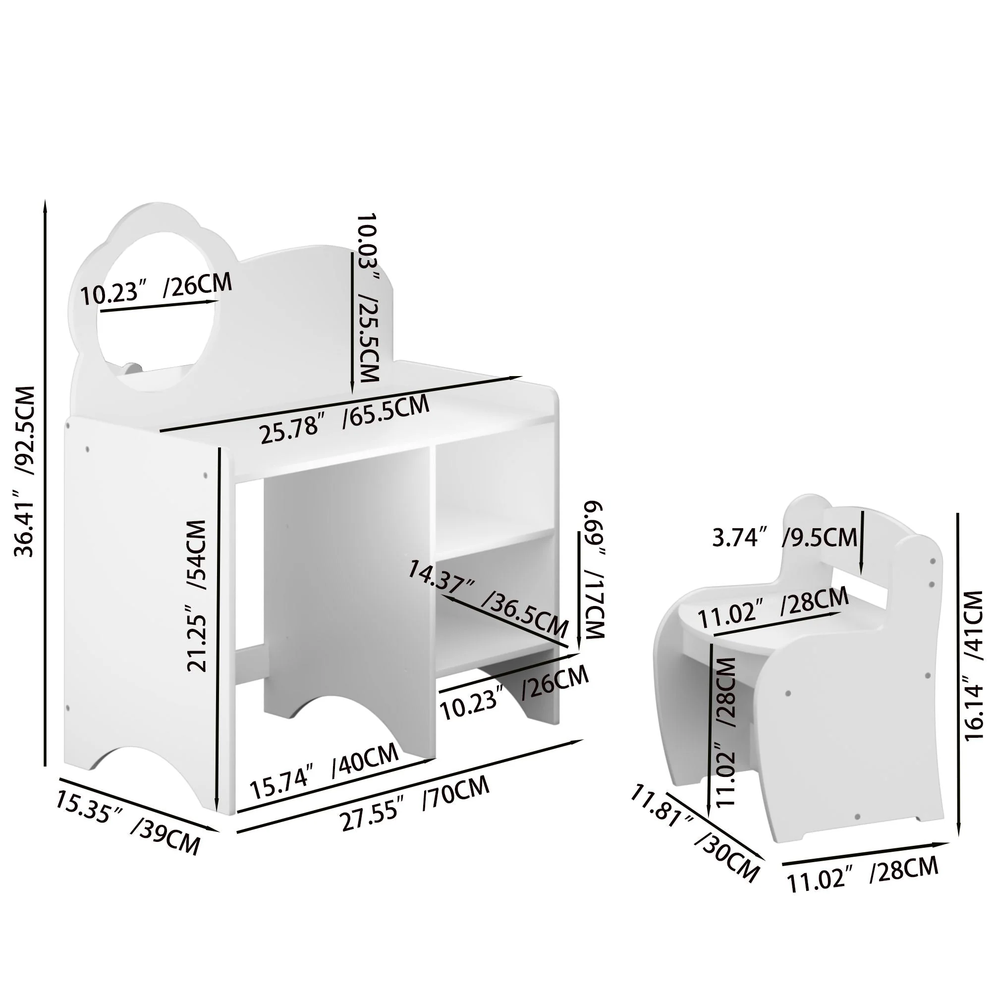 Kids Vanity Table With Mirror And Chair, Dressing Makeup Desk With Storage Shelves - White - Image 2