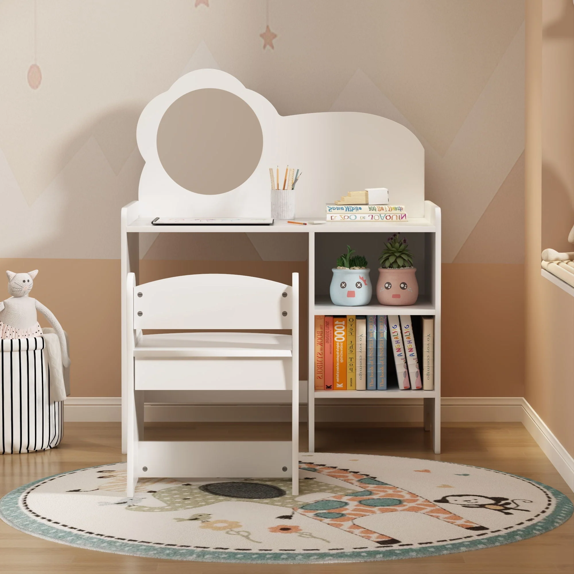 Kids Vanity Table With Mirror And Chair, Dressing Makeup Desk With Storage Shelves - White - Image 3