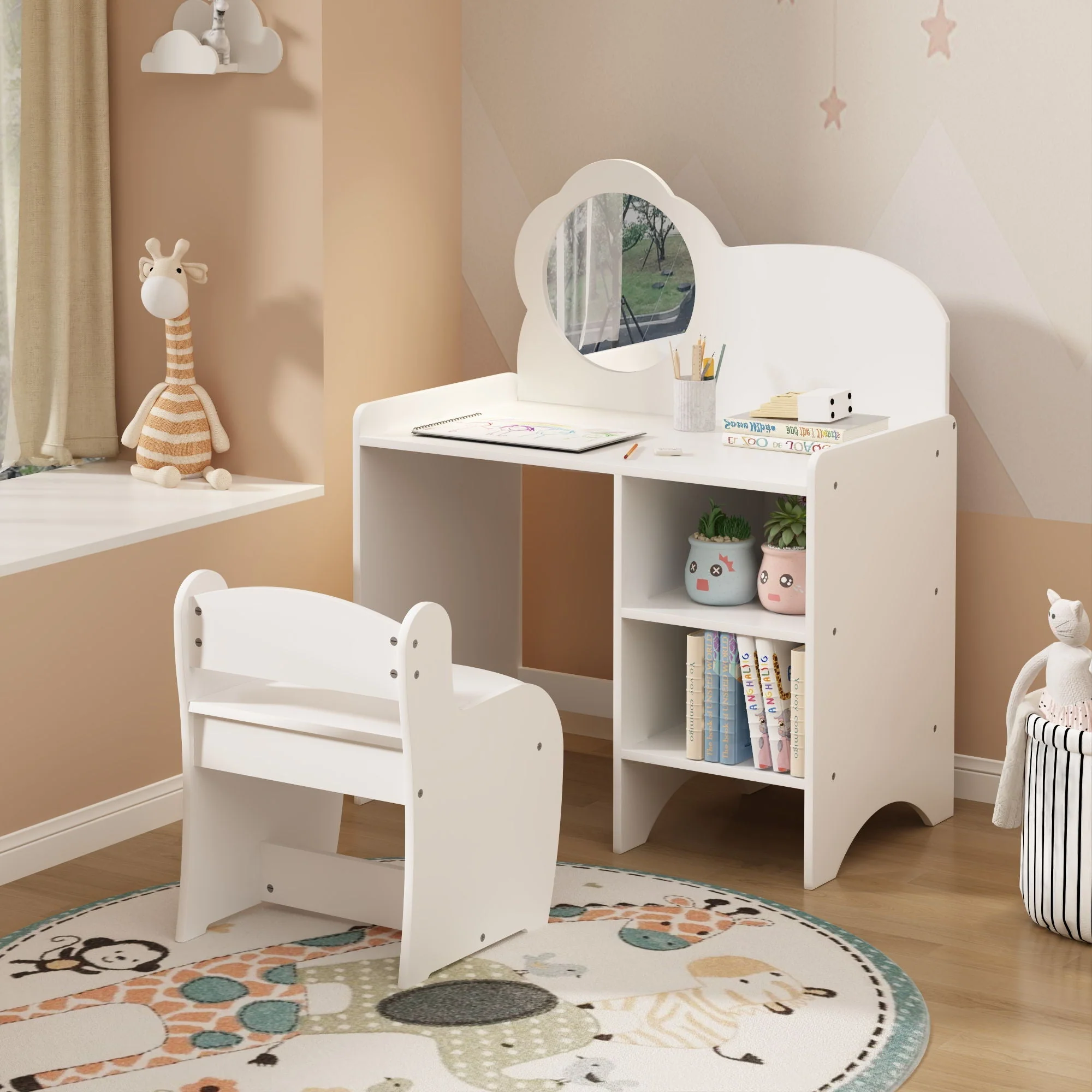 Kids Vanity Table With Mirror And Chair, Dressing Makeup Desk With Storage Shelves - White - Image 4