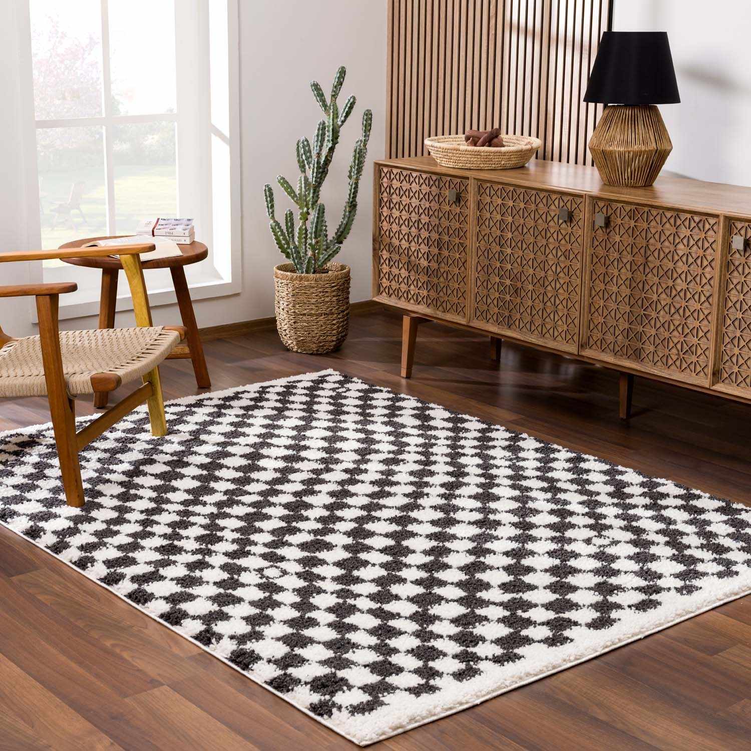 Kieu Black & White Checkered Shag Rug - Image 11