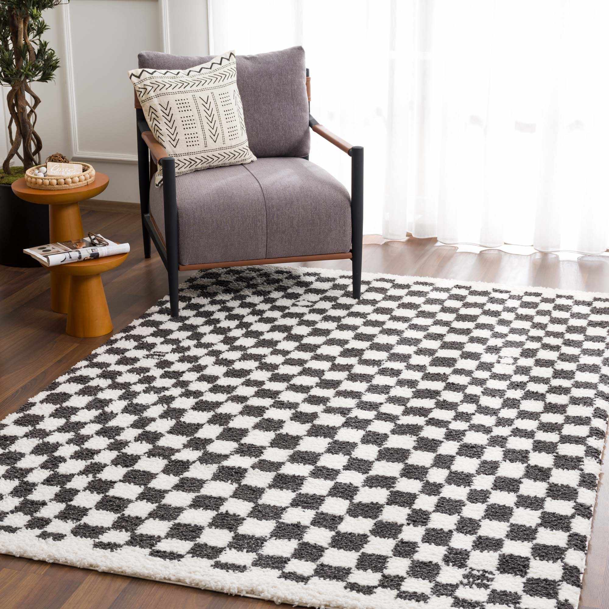 Kieu Black & White Checkered Shag Rug - Image 15