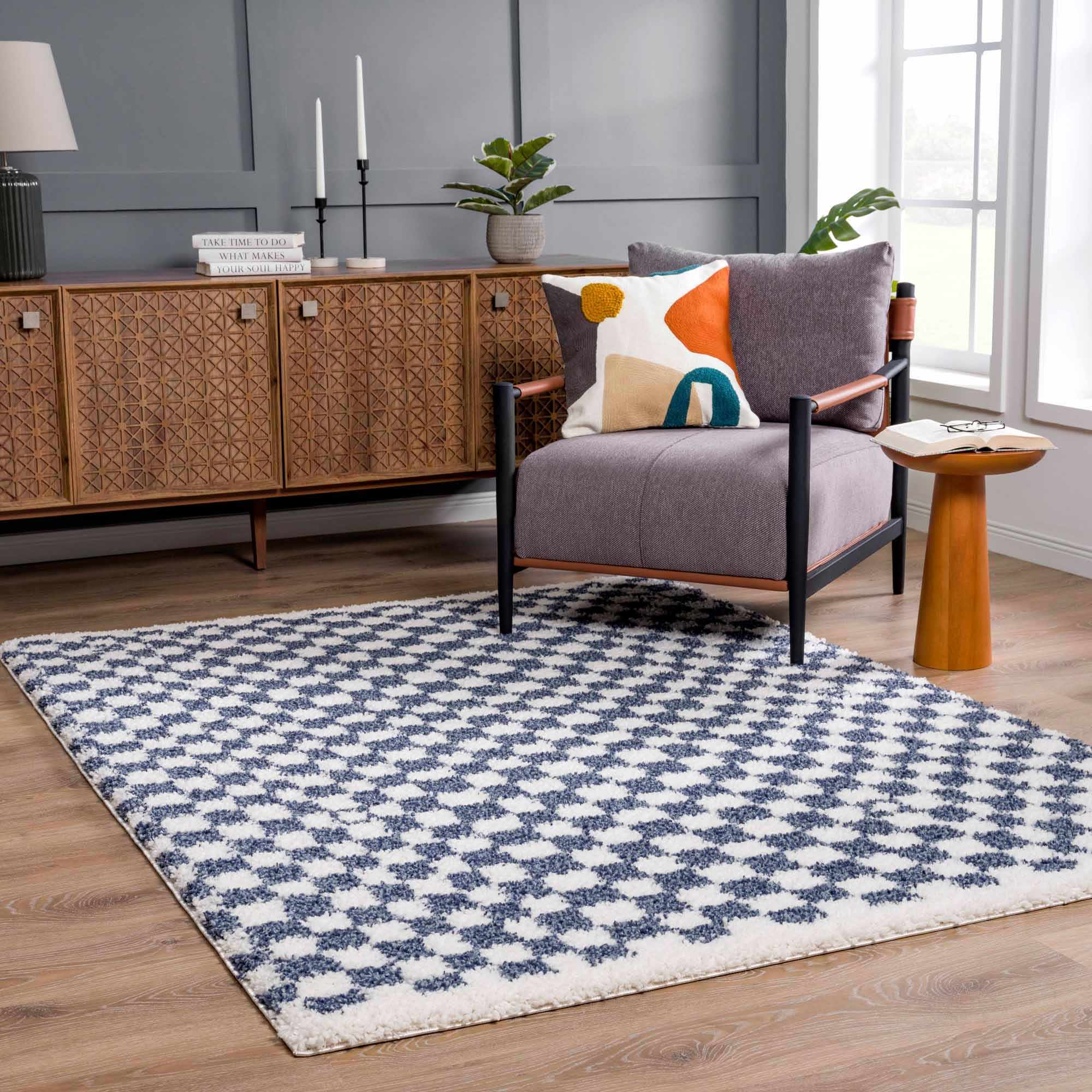 Kieu Blue & White Checkered Area Rug - Image 2