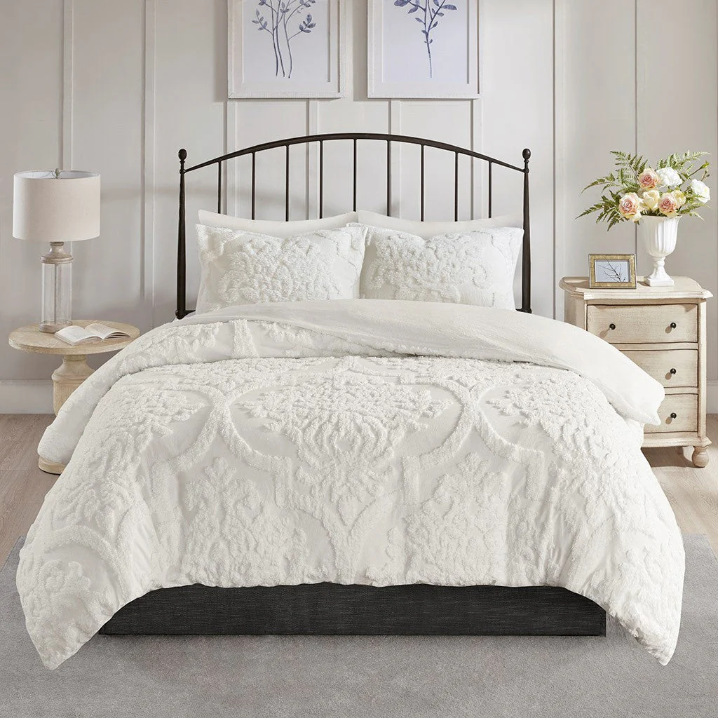 King/Cal King 3 Piece Tufted Cotton Chenille Damask Duvet Cover Set - Image 5