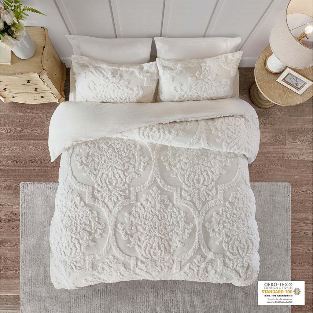King/Cal King 3 Piece Tufted Cotton Chenille Damask Duvet Cover Set - Image 7