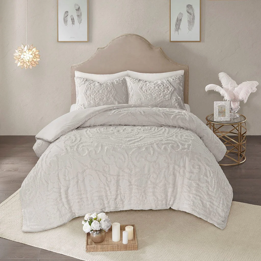 King/Cal King 3-Piece Tufted Cotton Chenille Medallion Duvet Cover Set - Image 2