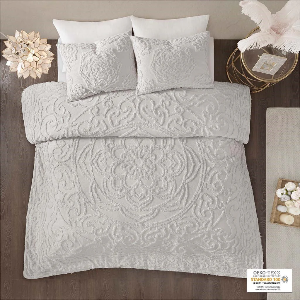 King/Cal King 3-Piece Tufted Cotton Chenille Medallion Duvet Cover Set - Image 6
