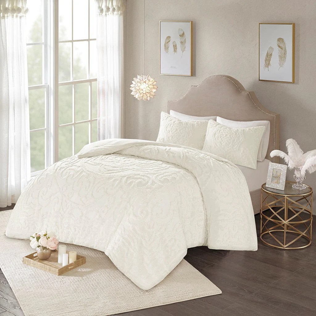 King/Cal King 3-Piece Tufted Cotton Chenille Medallion Duvet Cover Set - Image 2