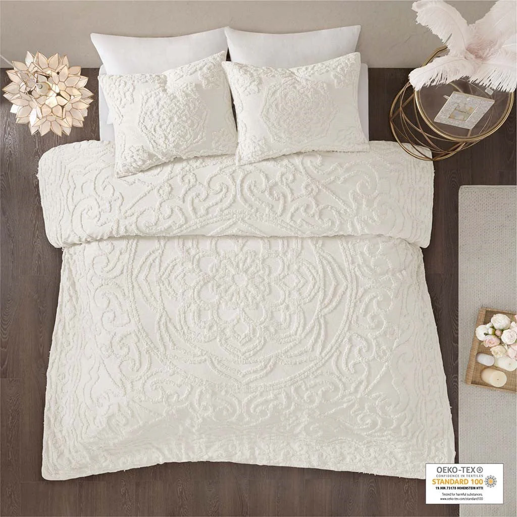 King/Cal King 3-Piece Tufted Cotton Chenille Medallion Duvet Cover Set - Image 7
