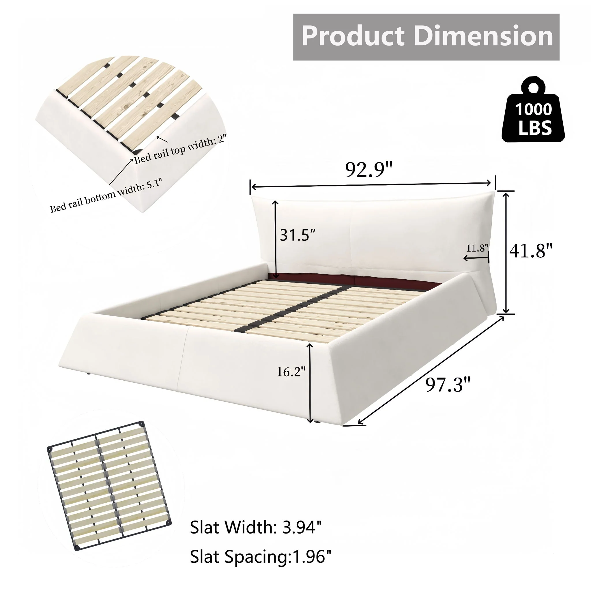 King Size Platform Bed With Special-Shaped Headboard - Cream - Image 3