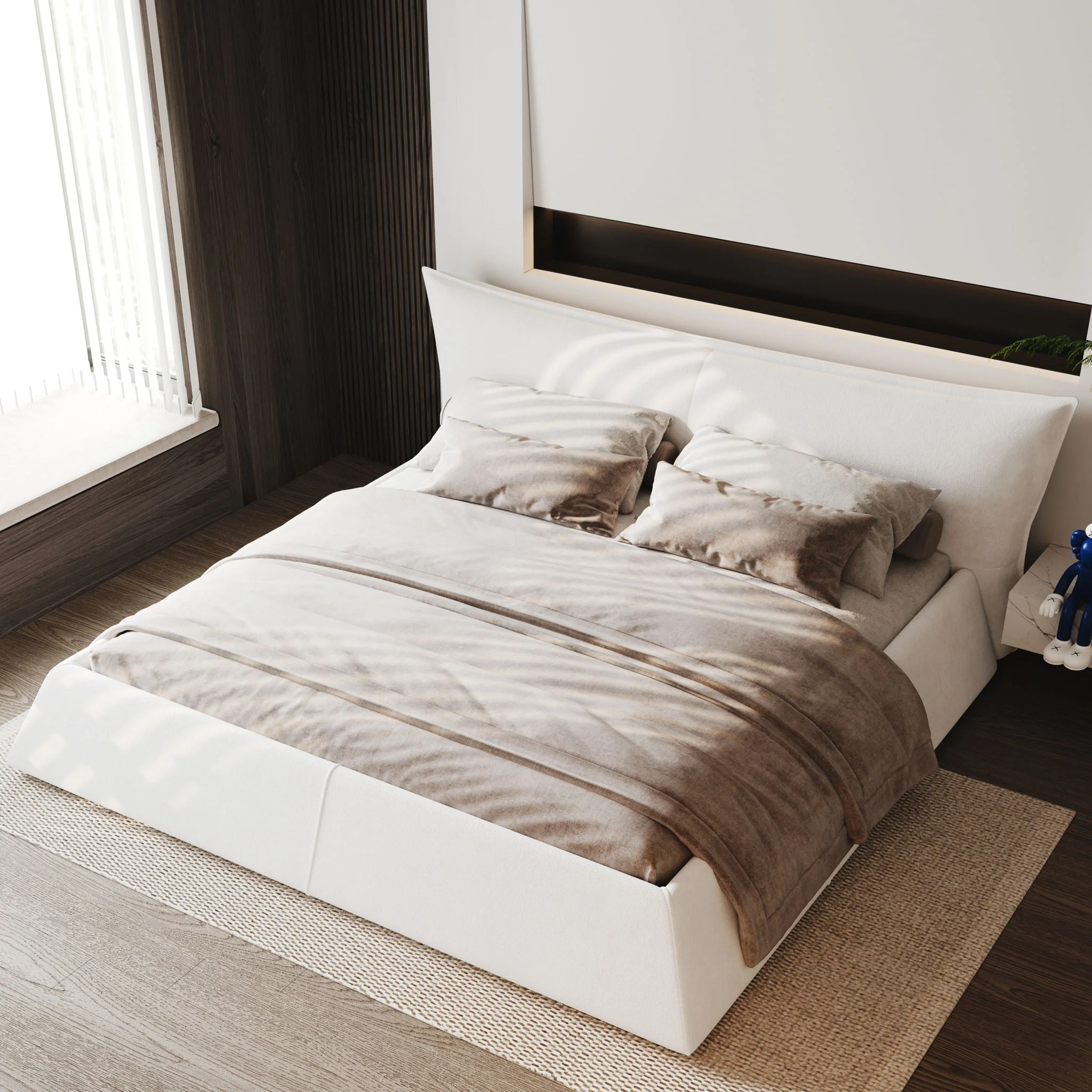 King Size Platform Bed With Special-Shaped Headboard - Cream - Image 4