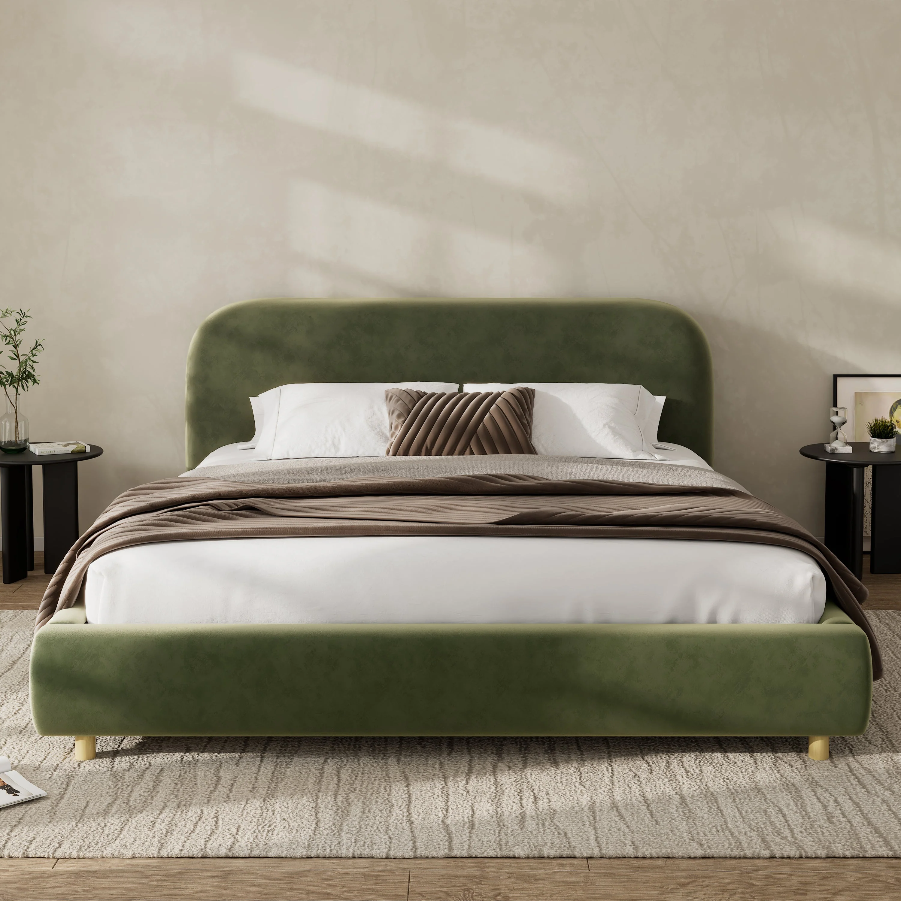 King Size Platform Bed with Velvet Fabric and Curved Headboard - Image 2