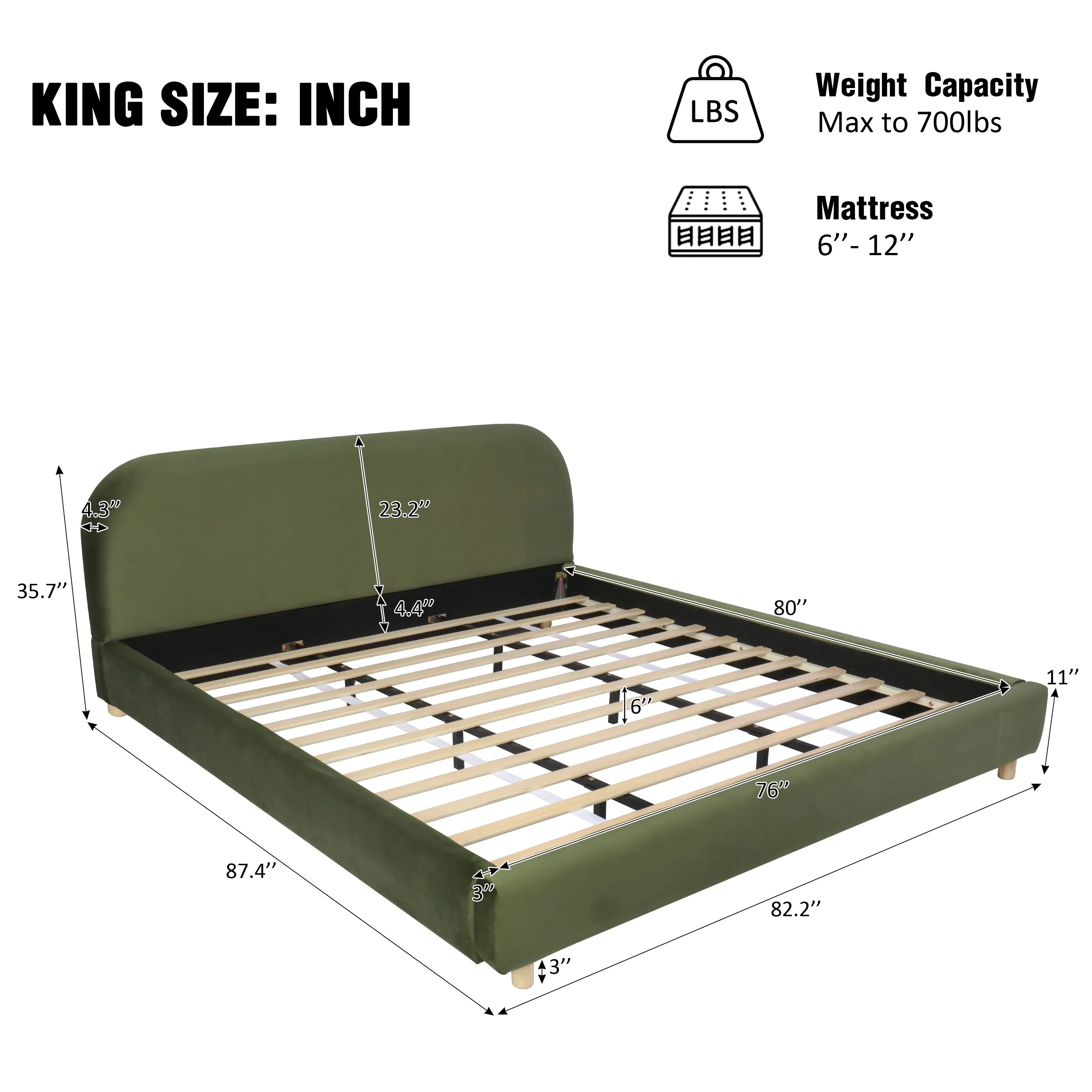 King Size Platform Bed with Velvet Fabric and Curved Headboard - Image 3