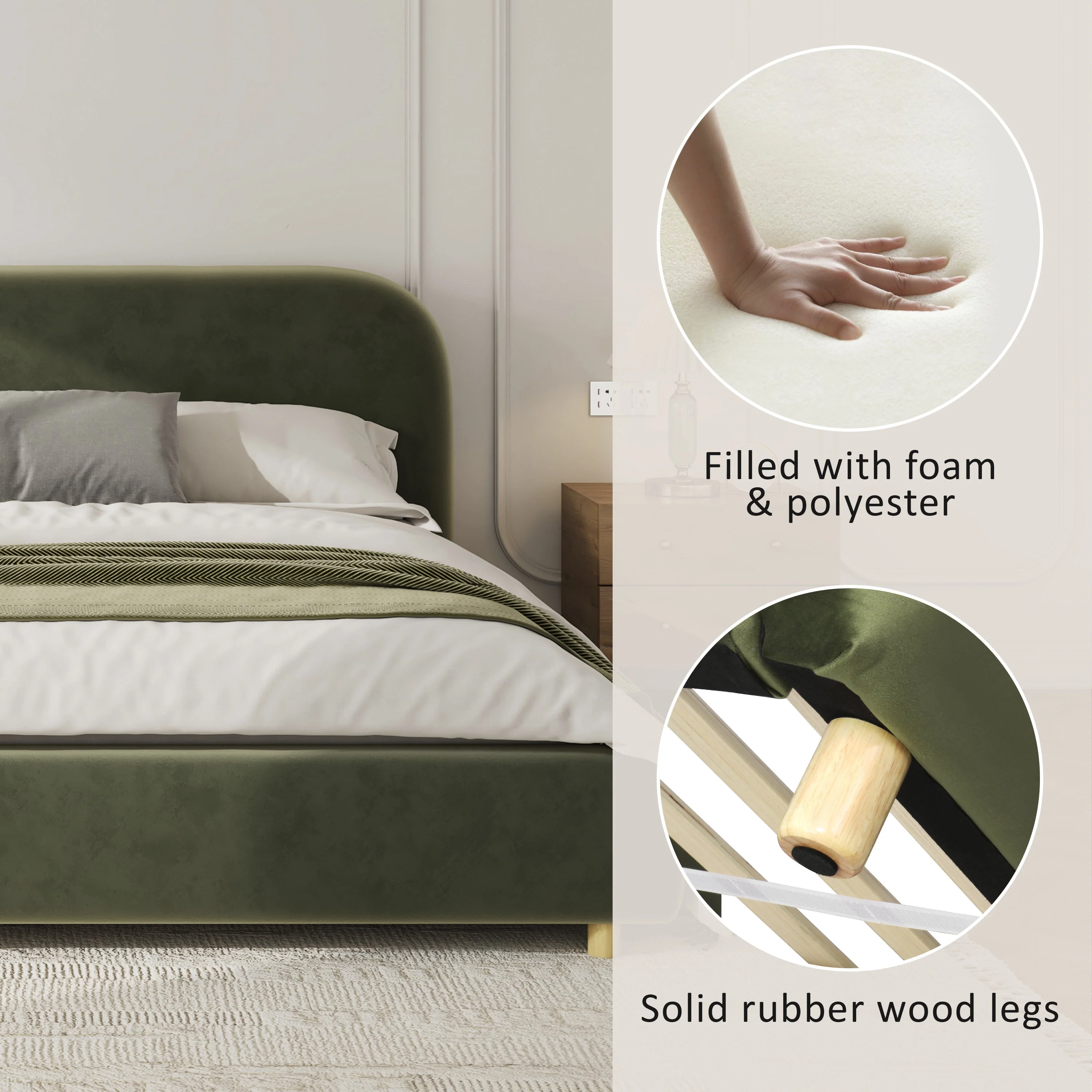 King Size Platform Bed with Velvet Fabric and Curved Headboard - Image 4