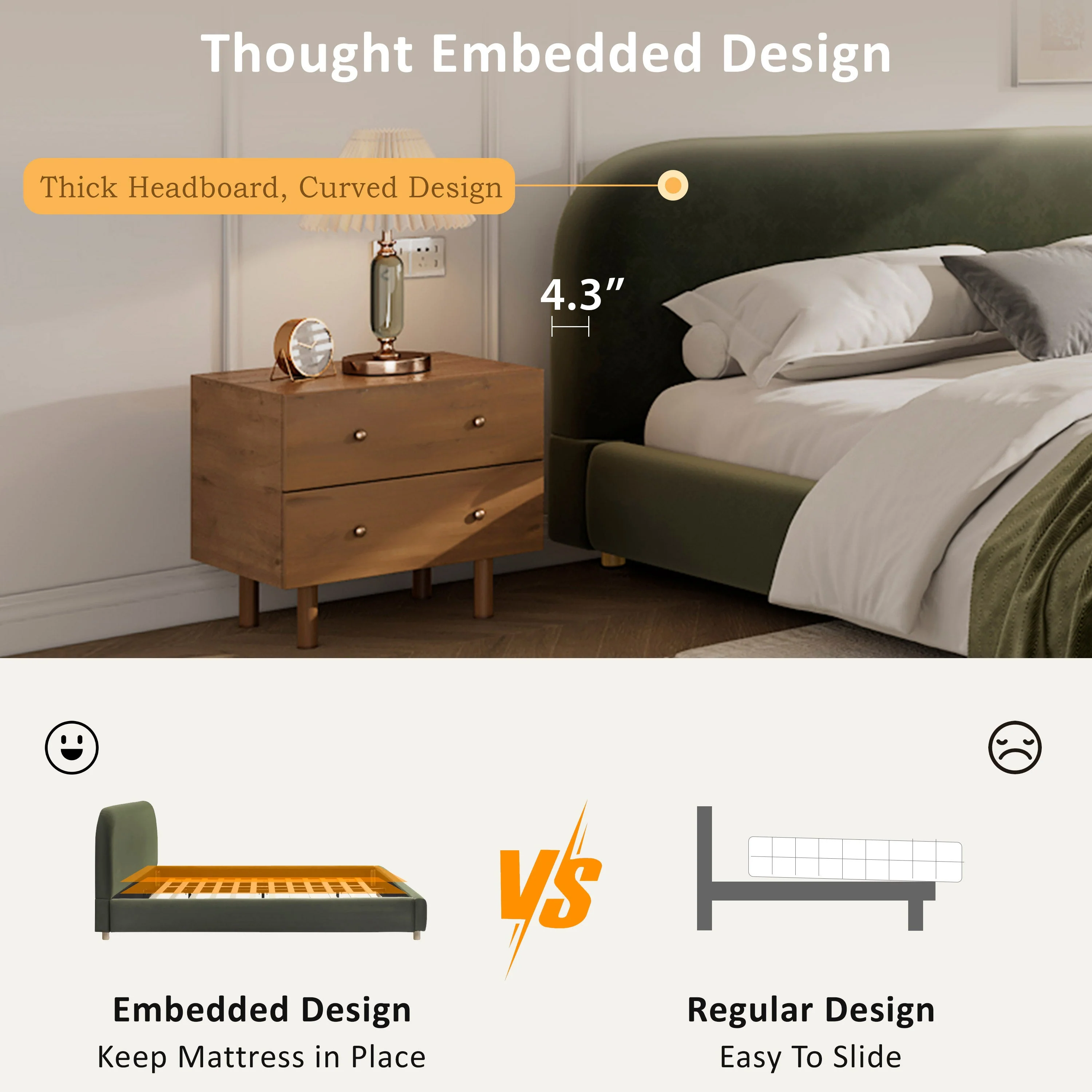 King Size Platform Bed with Velvet Fabric and Curved Headboard - Image 5