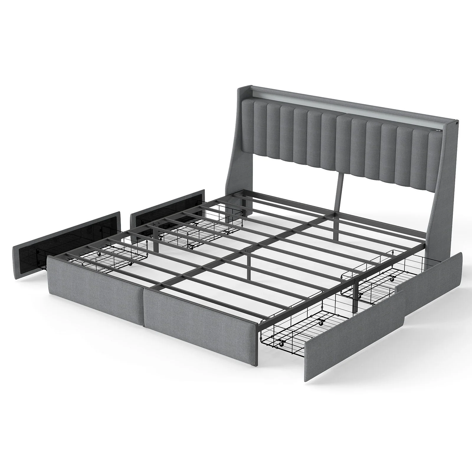 King Upholstered Bed Frame With 4 Storage Drawers, RGB LED Lights & USB / Type-C Charging Station, No Box Spring Needed - Gray