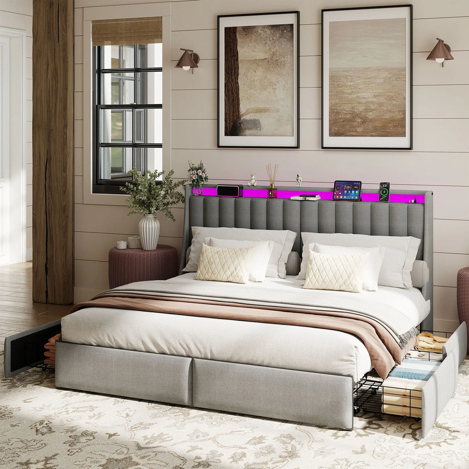 King Upholstered Bed Frame With 4 Storage Drawers, RGB LED Lights & USB / Type-C Charging Station, No Box Spring Needed - Gray - Image 2