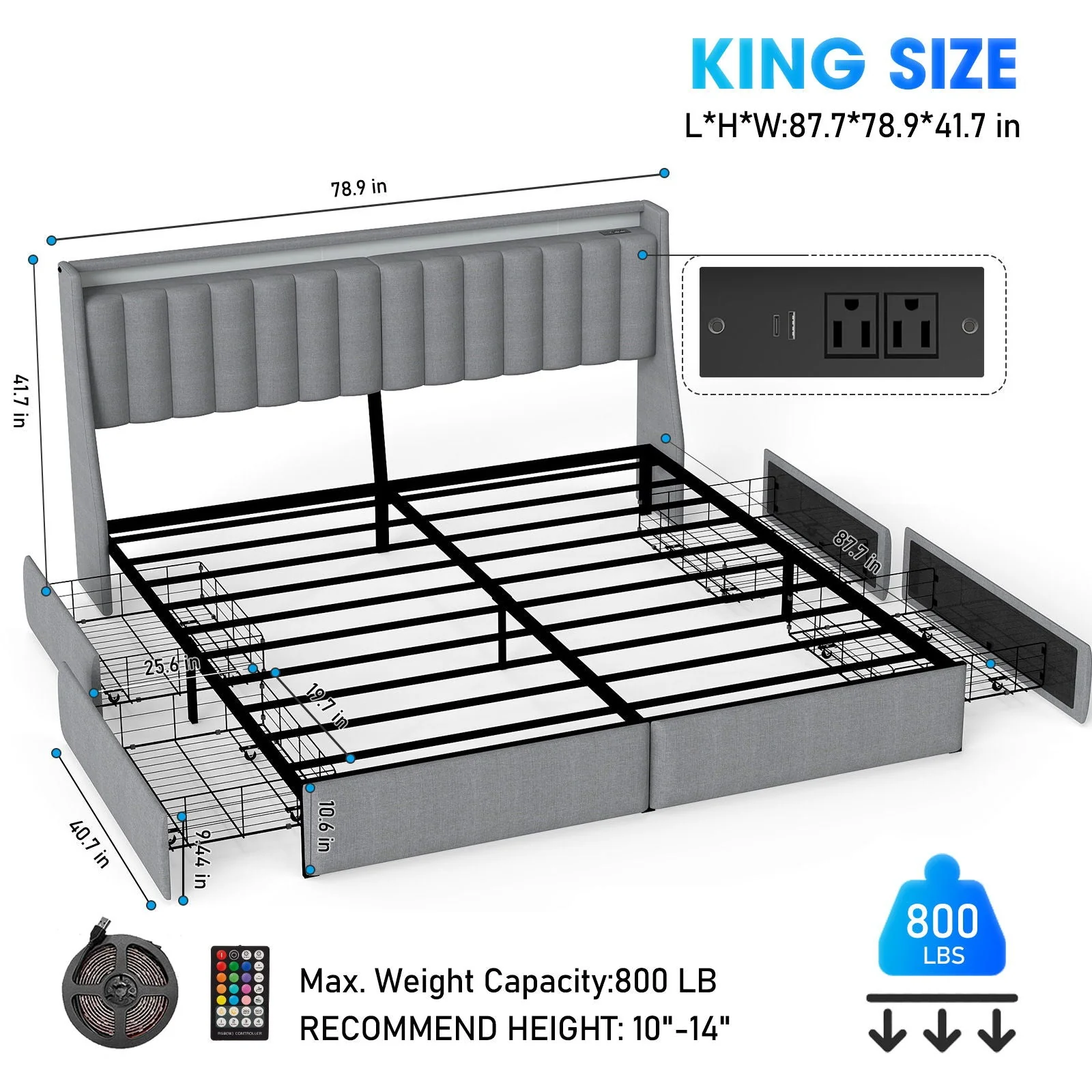 King Upholstered Bed Frame With 4 Storage Drawers, RGB LED Lights & USB / Type-C Charging Station, No Box Spring Needed - Gray - Image 3