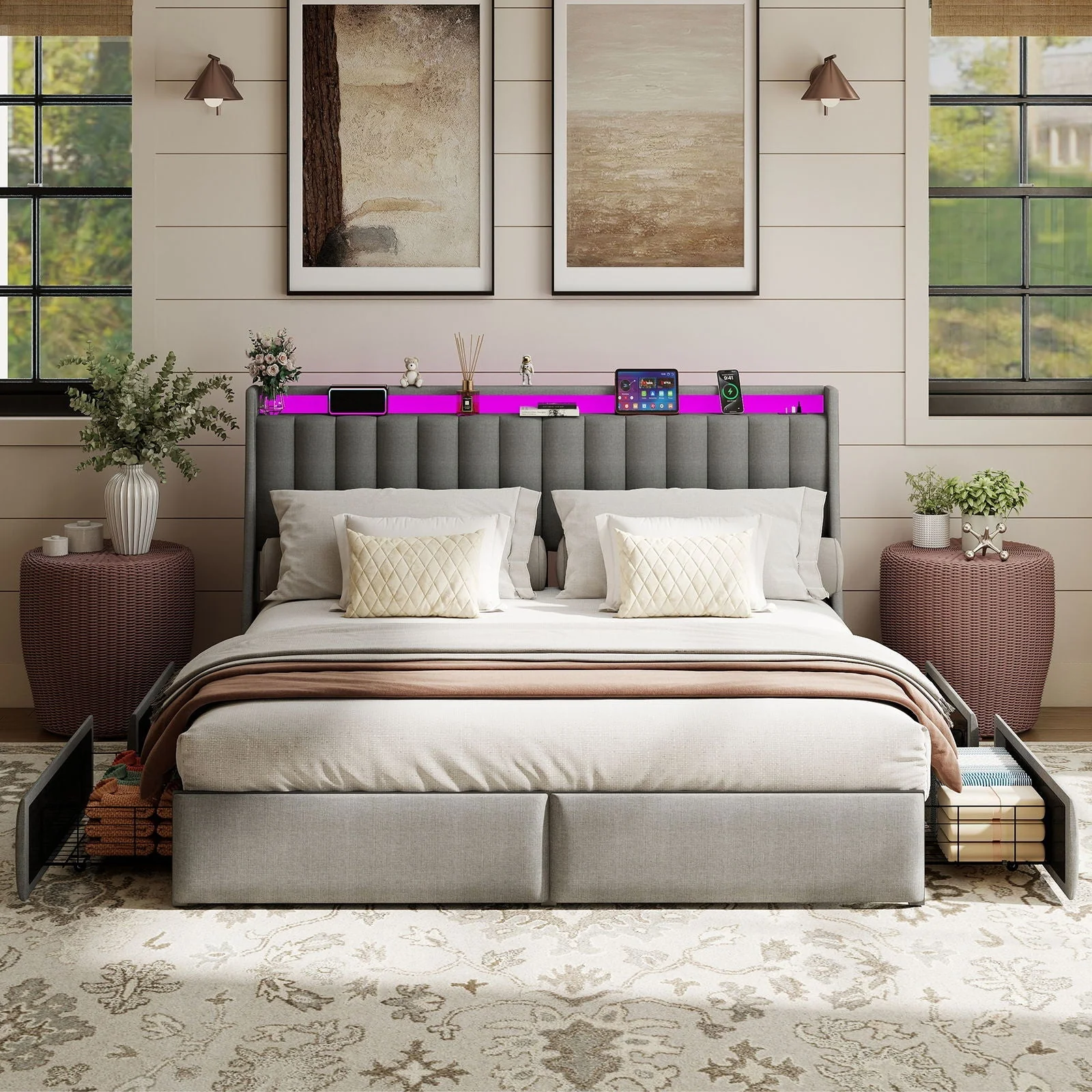 King Upholstered Bed Frame With 4 Storage Drawers, RGB LED Lights & USB / Type-C Charging Station, No Box Spring Needed - Gray - Image 4